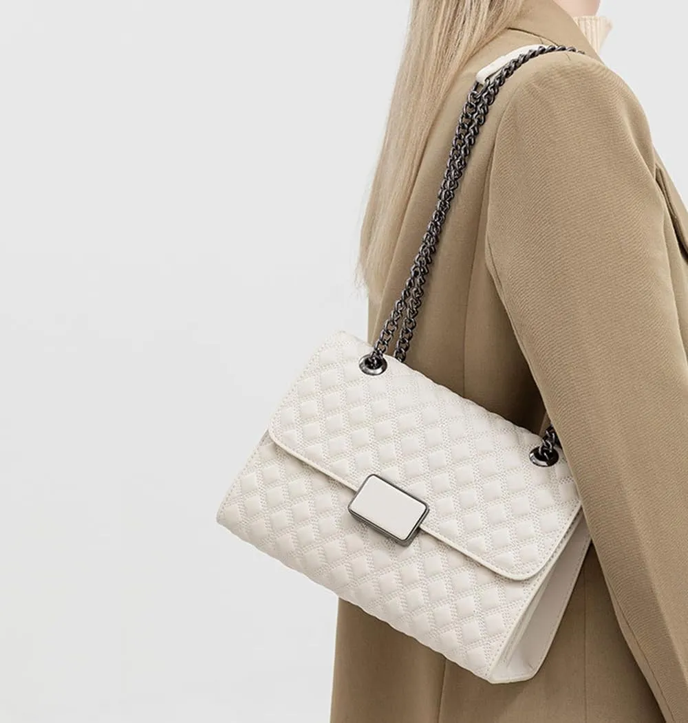 Quilted Leather Crossbody Bag for Women - Medium Flap Shoulder Purse with Chain Strap - Stylish Clutch Handbag (White)