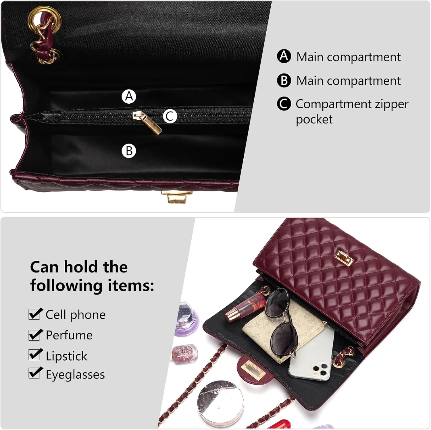Quilted Leather Crossbody Bags for Women Trendy Ladies Shoulder Purse Satchel HandBag with Chain Strap