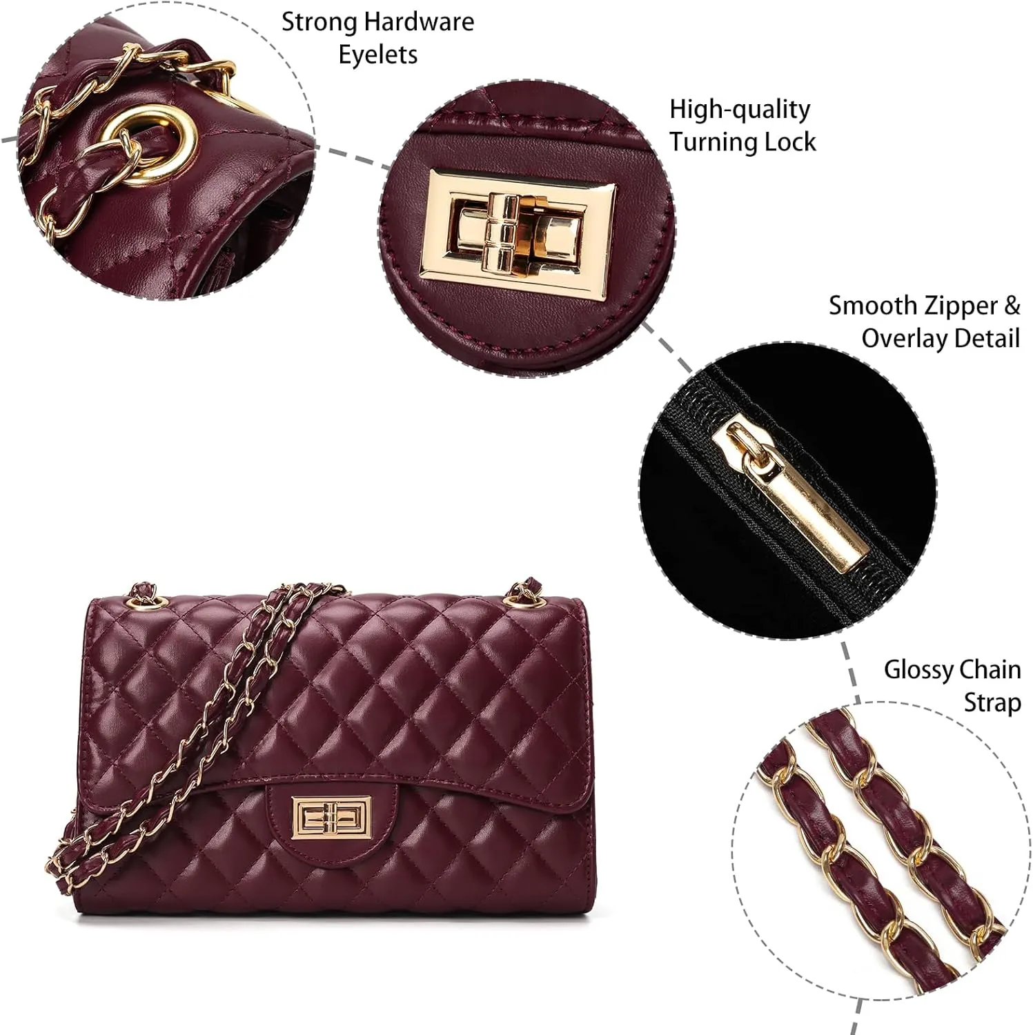 Quilted Leather Crossbody Bags for Women Trendy Ladies Shoulder Purse Satchel HandBag with Chain Strap