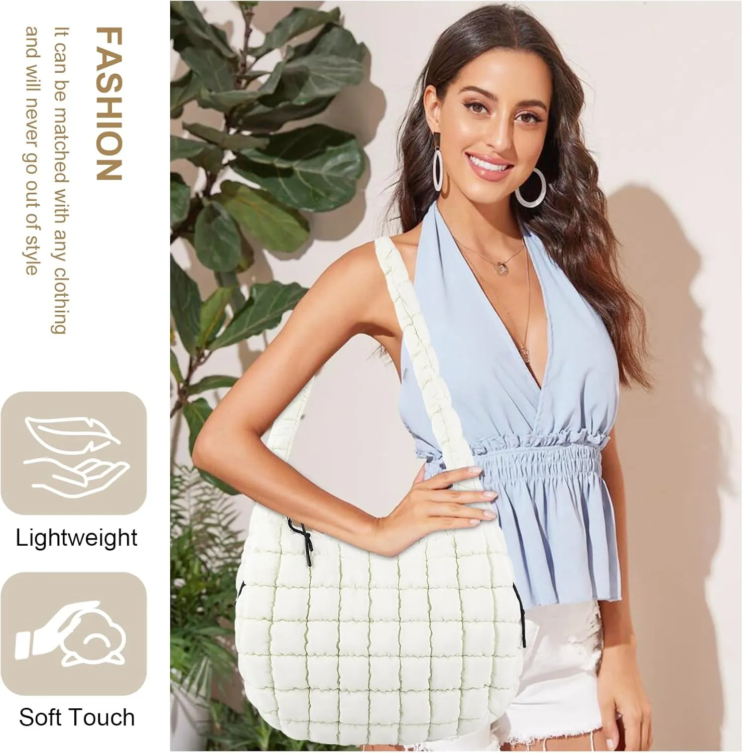 Quilted Puffer Tote Bag for Women - Large Crossbody Bag, Lightweight Nylon Puffy Carryall Hobo Puff Shoulder Bag