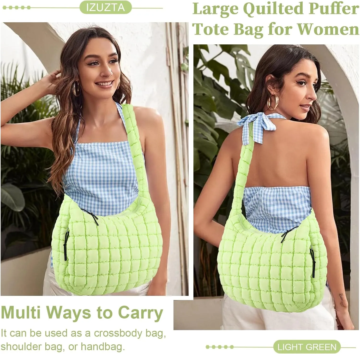 Quilted Puffer Tote Bag for Women - Large Crossbody Bag, Lightweight Nylon Puffy Carryall Hobo Puff Shoulder Bag