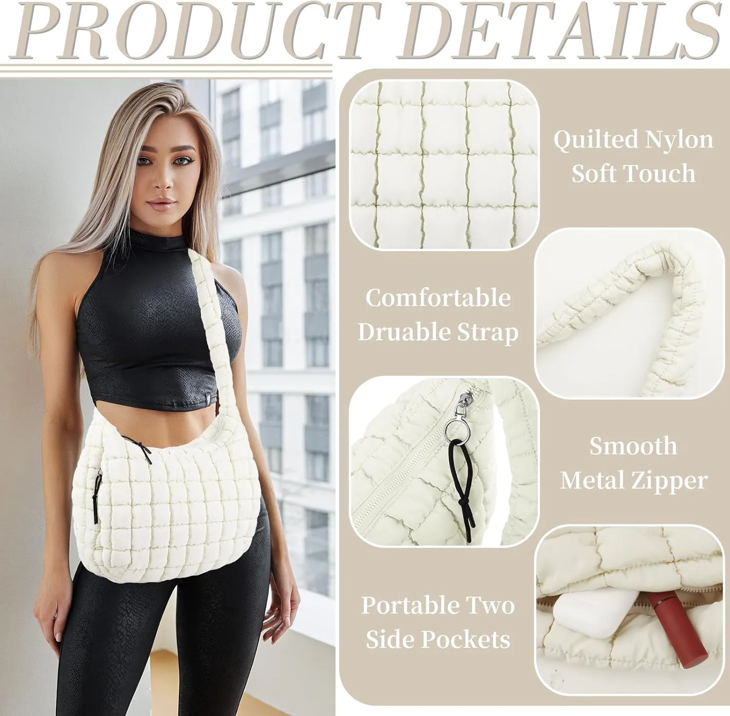 Quilted Puffer Tote Bag for Women - Large Crossbody Bag, Lightweight Nylon Puffy Carryall Hobo Puff Shoulder Bag
