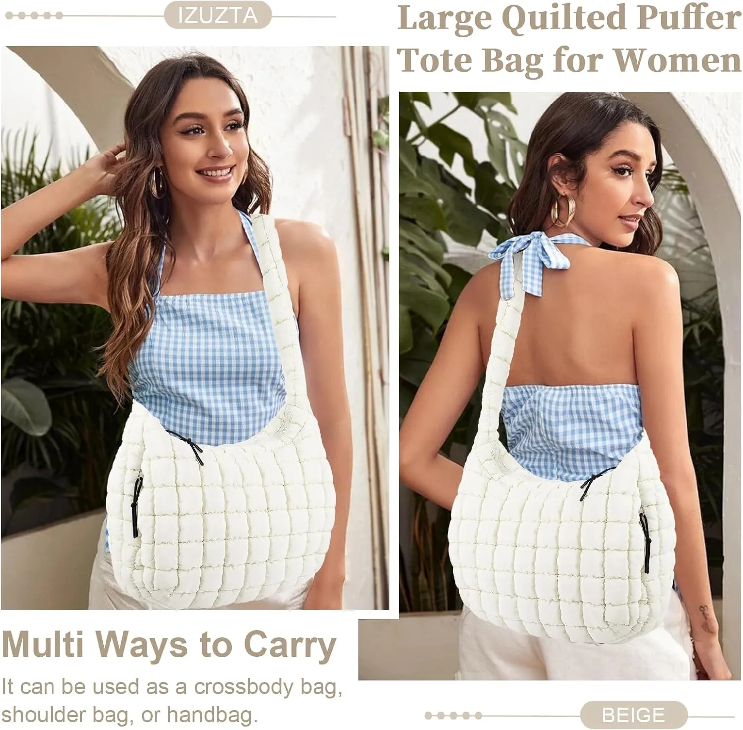 Quilted Puffer Tote Bag for Women - Large Crossbody Bag, Lightweight Nylon Puffy Carryall Hobo Puff Shoulder Bag