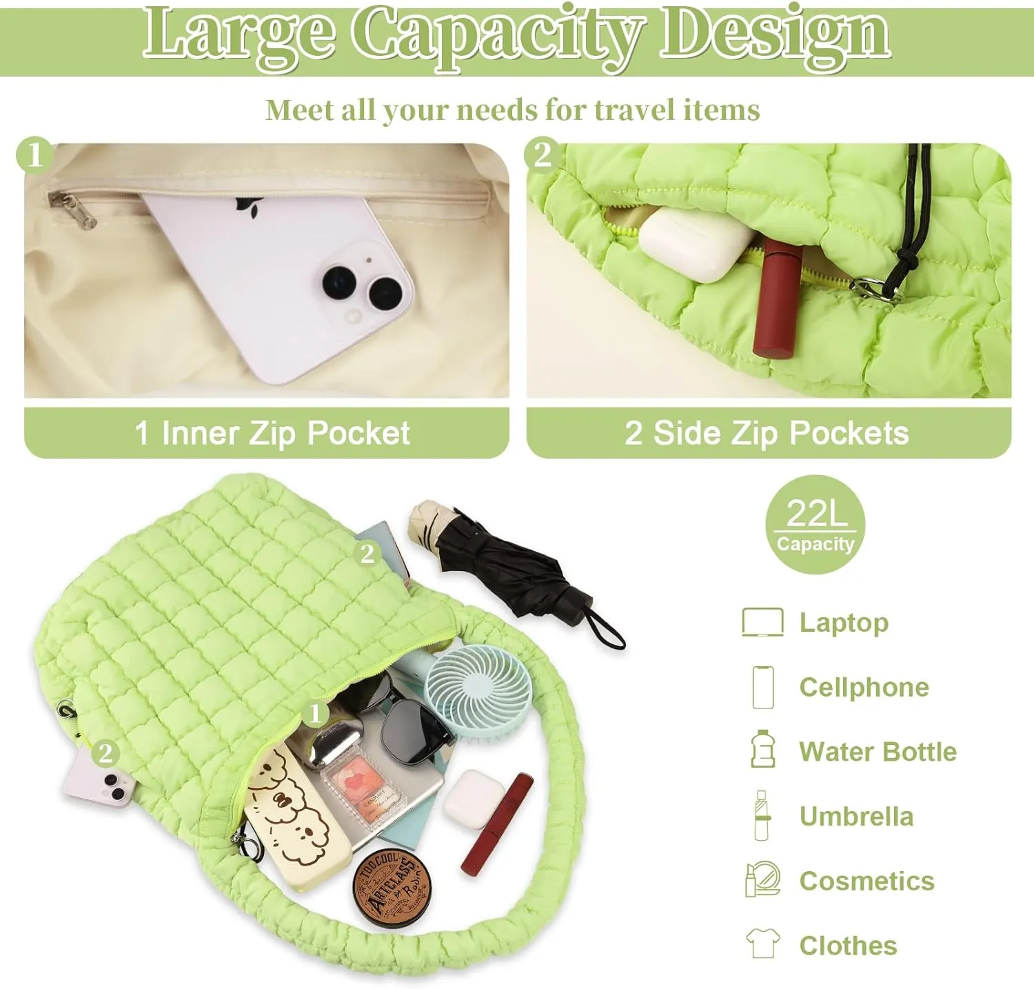 Quilted Puffer Tote Bag for Women - Large Crossbody Bag, Lightweight Nylon Puffy Carryall Hobo Puff Shoulder Bag