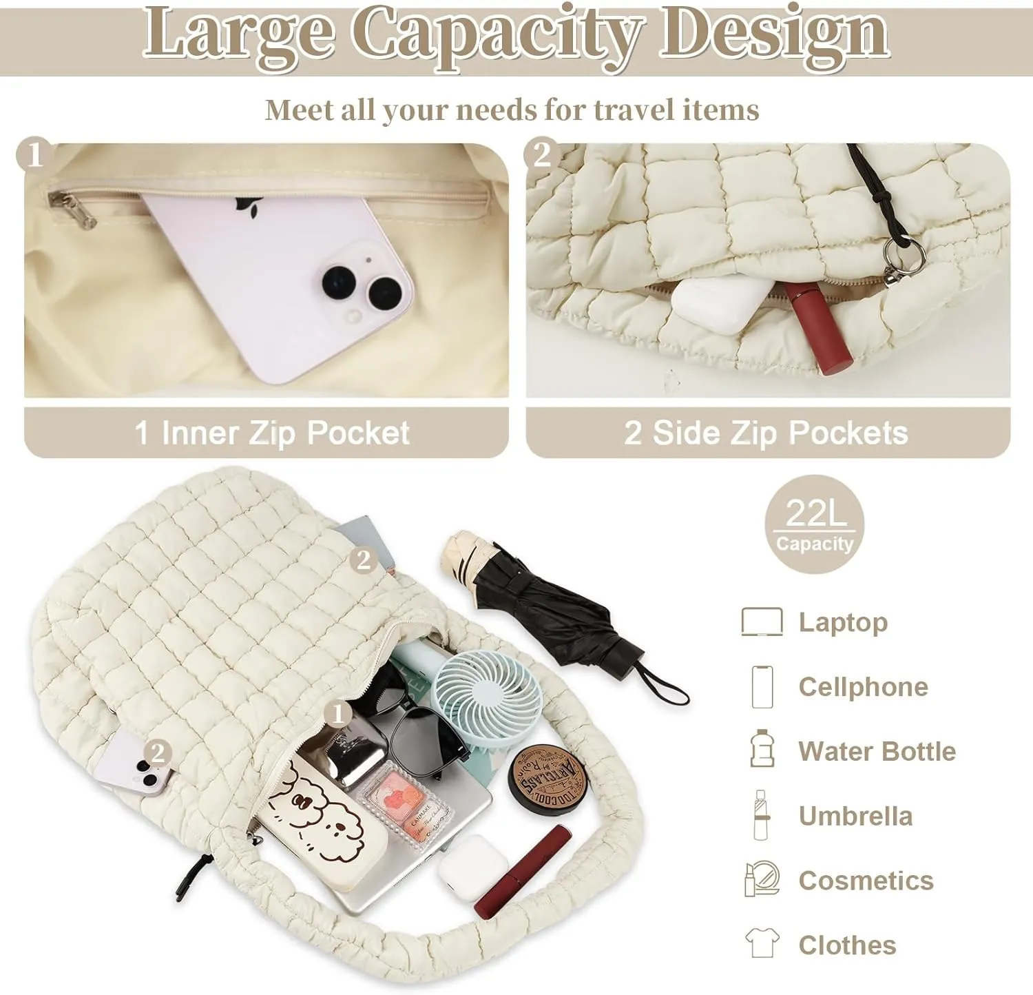 Quilted Puffer Tote Bag for Women - Large Crossbody Bag, Lightweight Nylon Puffy Carryall Hobo Puff Shoulder Bag