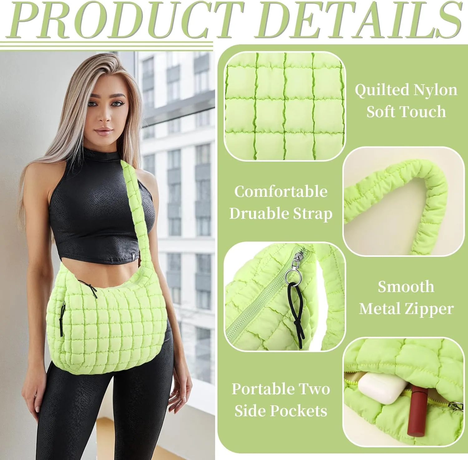 Quilted Puffer Tote Bag for Women - Large Crossbody Bag, Lightweight Nylon Puffy Carryall Hobo Puff Shoulder Bag