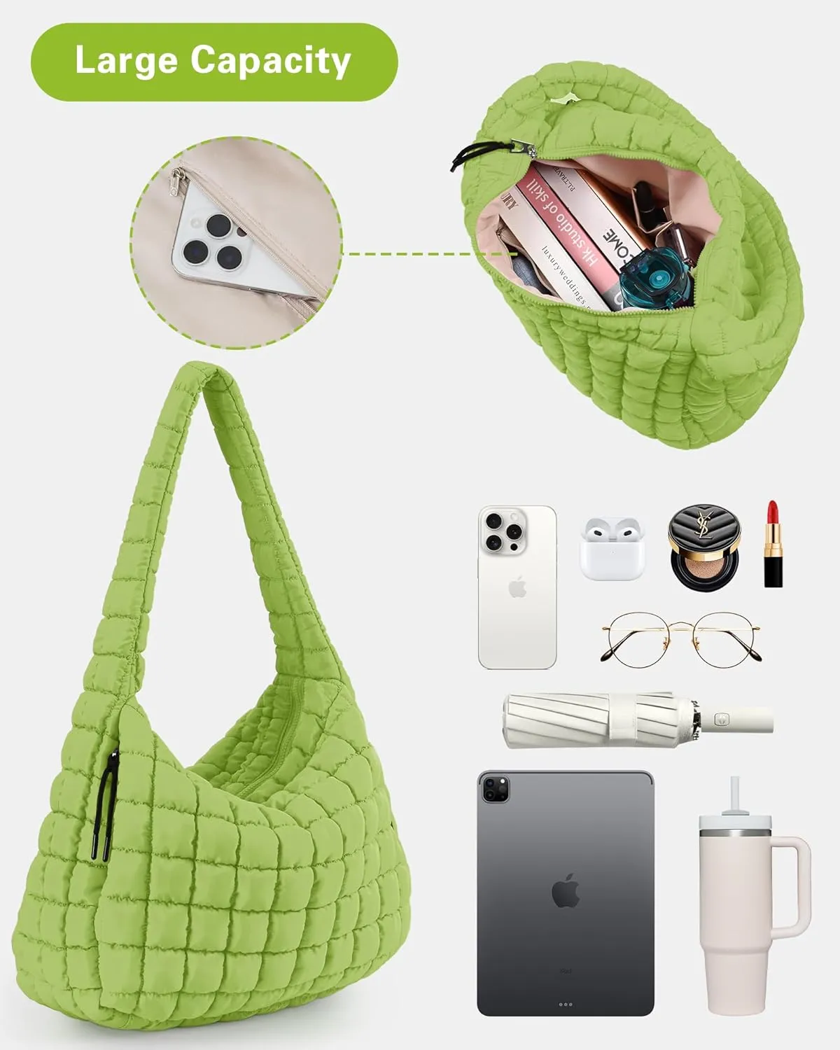 Quilted Puffer Tote Bag for Women Large Tote Bag Puffy Tote Bag with Zipper Lightweight Hobo Bag Crossbody Shoulder Bag