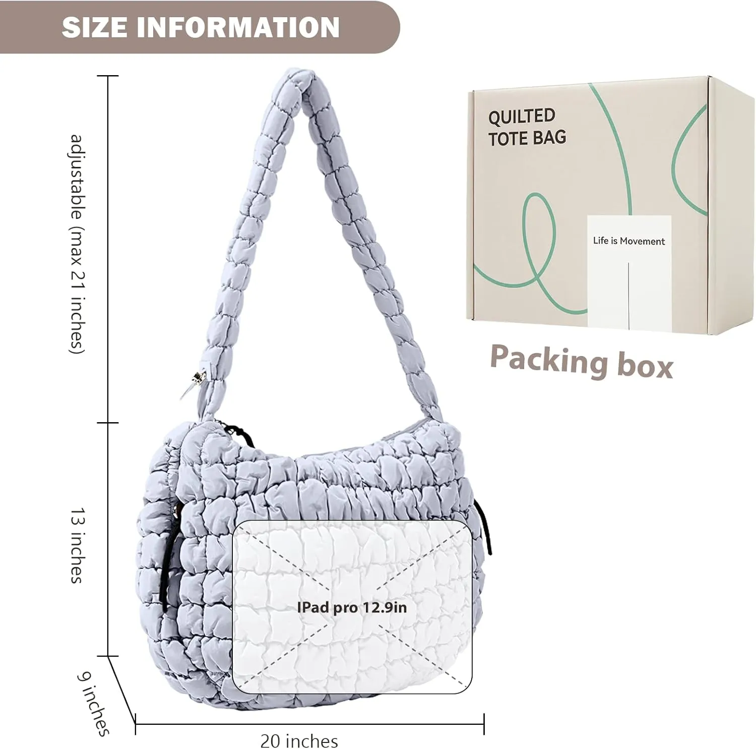 Quilted Puffer Tote Bag Large Crossbody Shoulder Bag Nylon Puffy Bubble Bag with Adjustable Shoulder Strap
