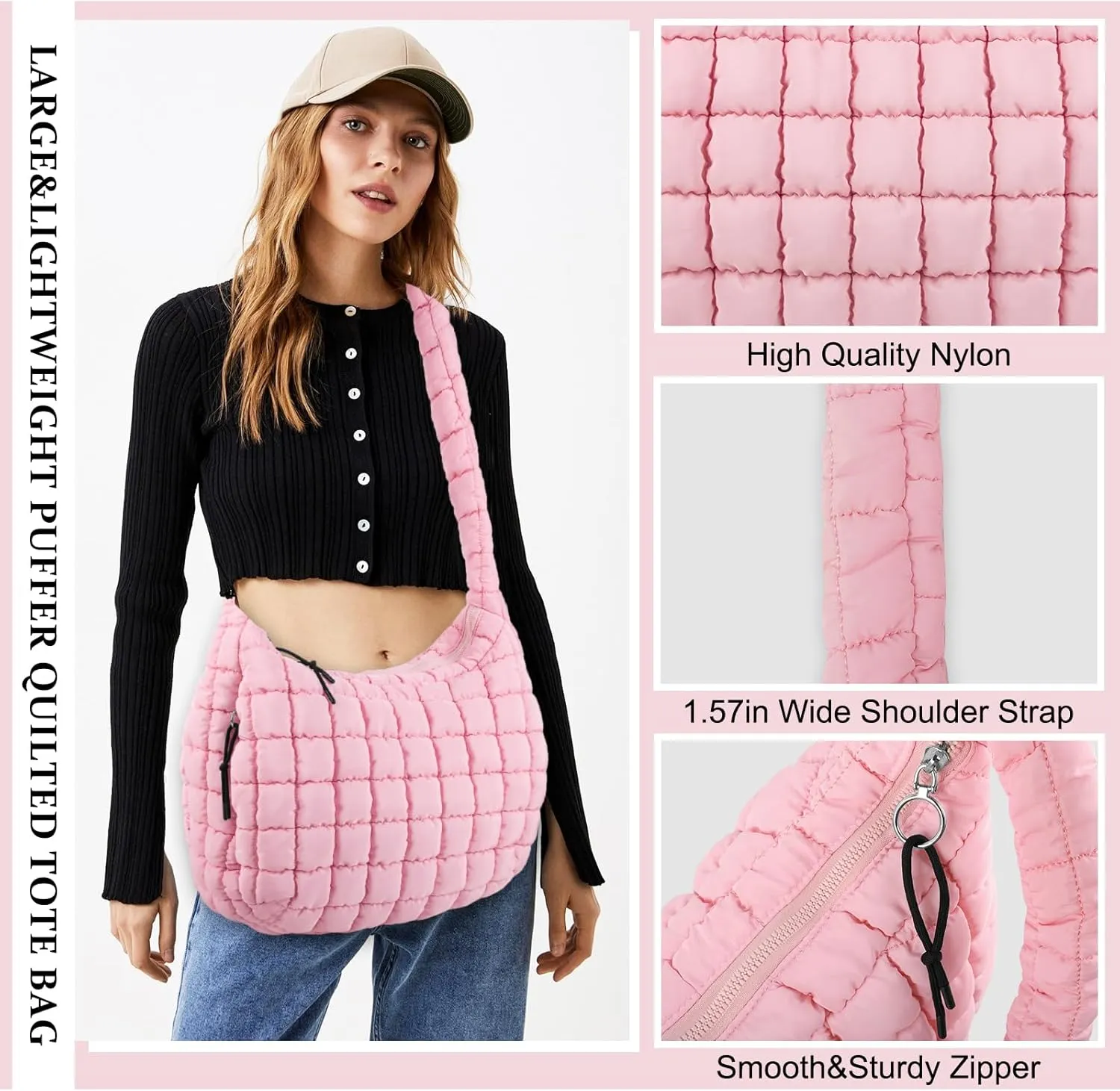 Quilted Puffer Tote Bag Purse Puffy Crossbody Shoulder Bag,Lightweight Nylon Hobo Bag Puffer Carryall Bag for Women Girl