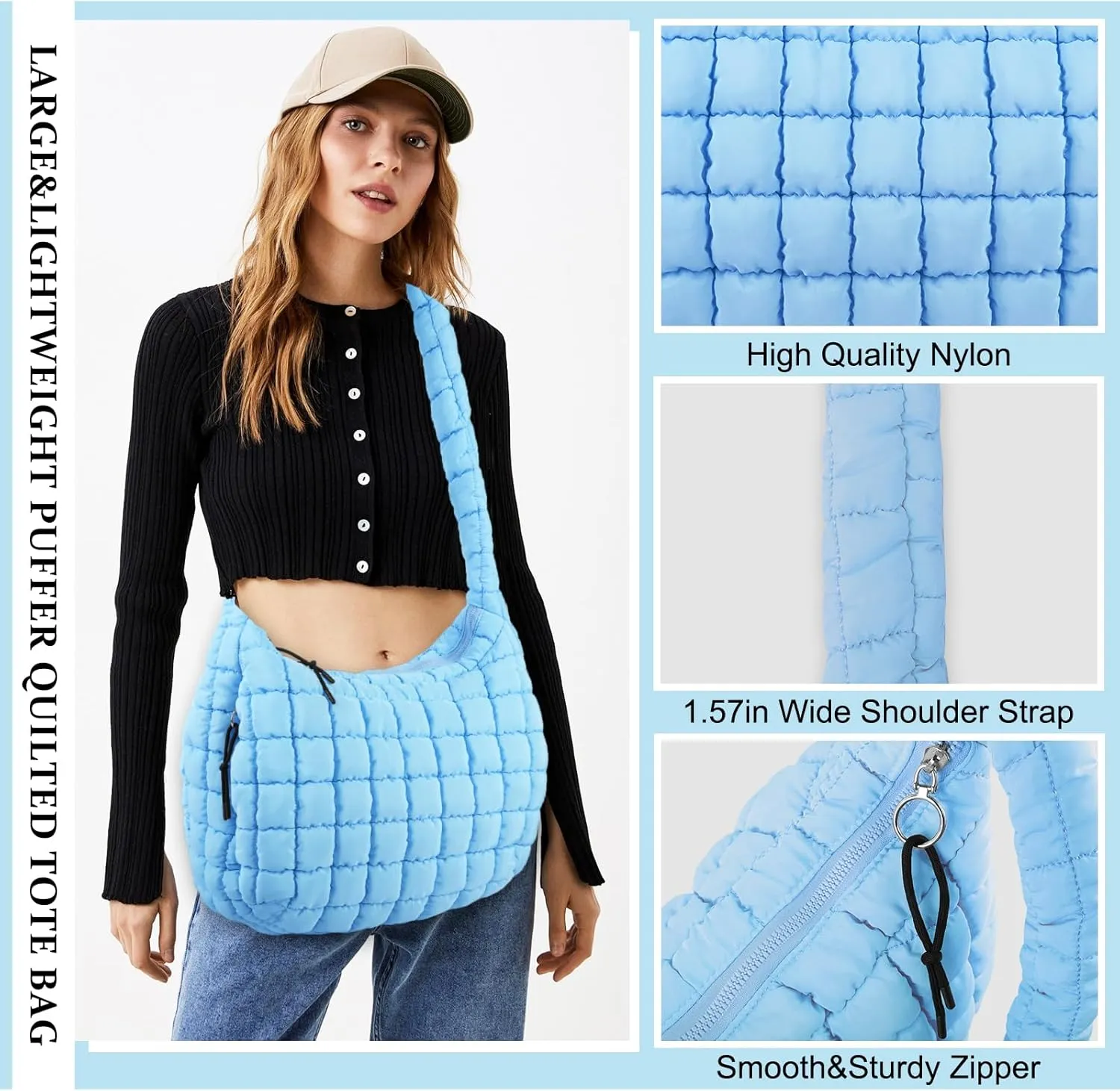 Quilted Puffer Tote Bag Purse Puffy Crossbody Shoulder Bag,Lightweight Nylon Hobo Bag Puffer Carryall Bag for Women Girl