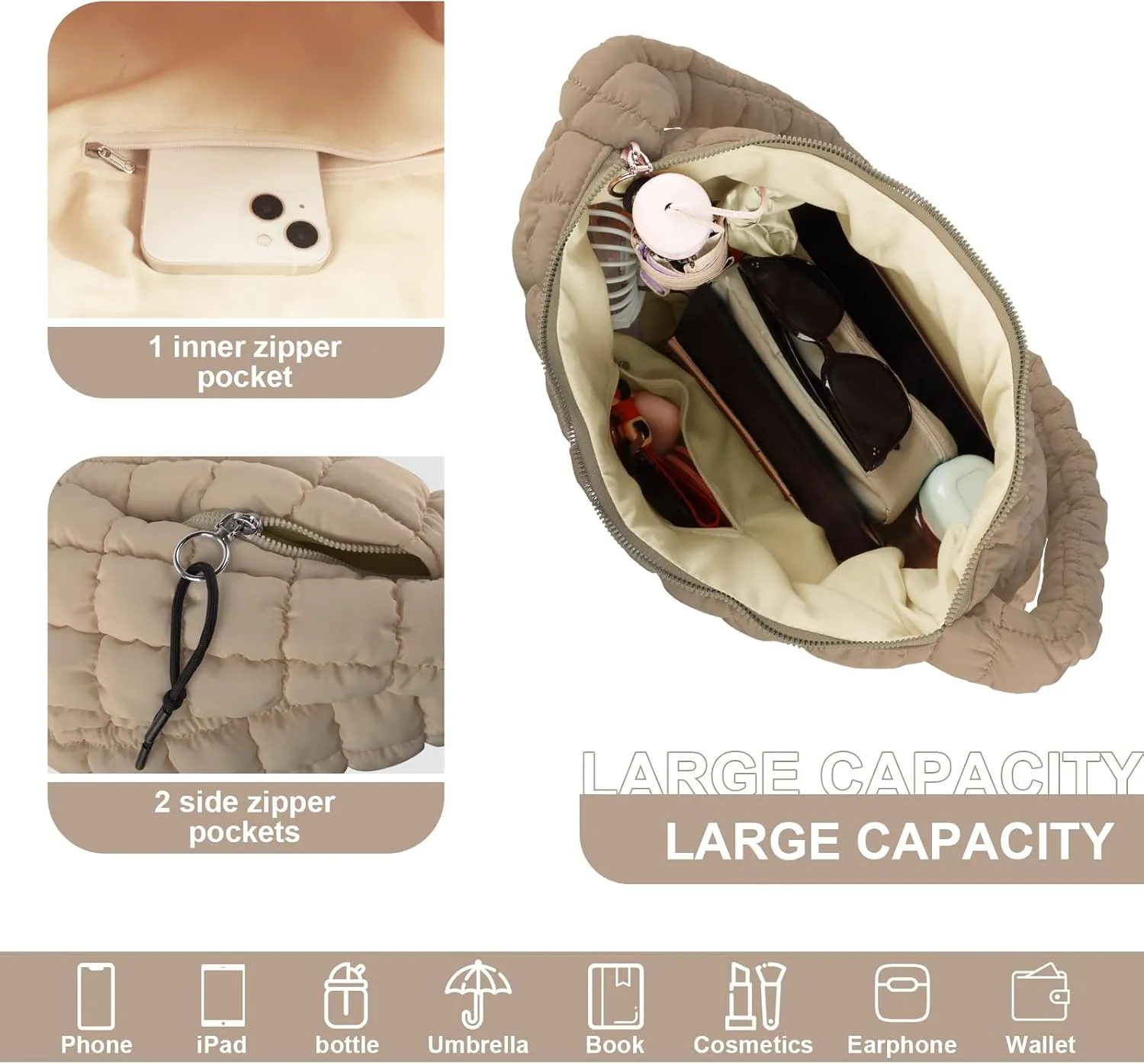 Quilted Puffer Tote Bag Purse Puffy Crossbody Shoulder Bag,Lightweight Nylon Hobo Bag Puffer Carryall Bag for Women Girl