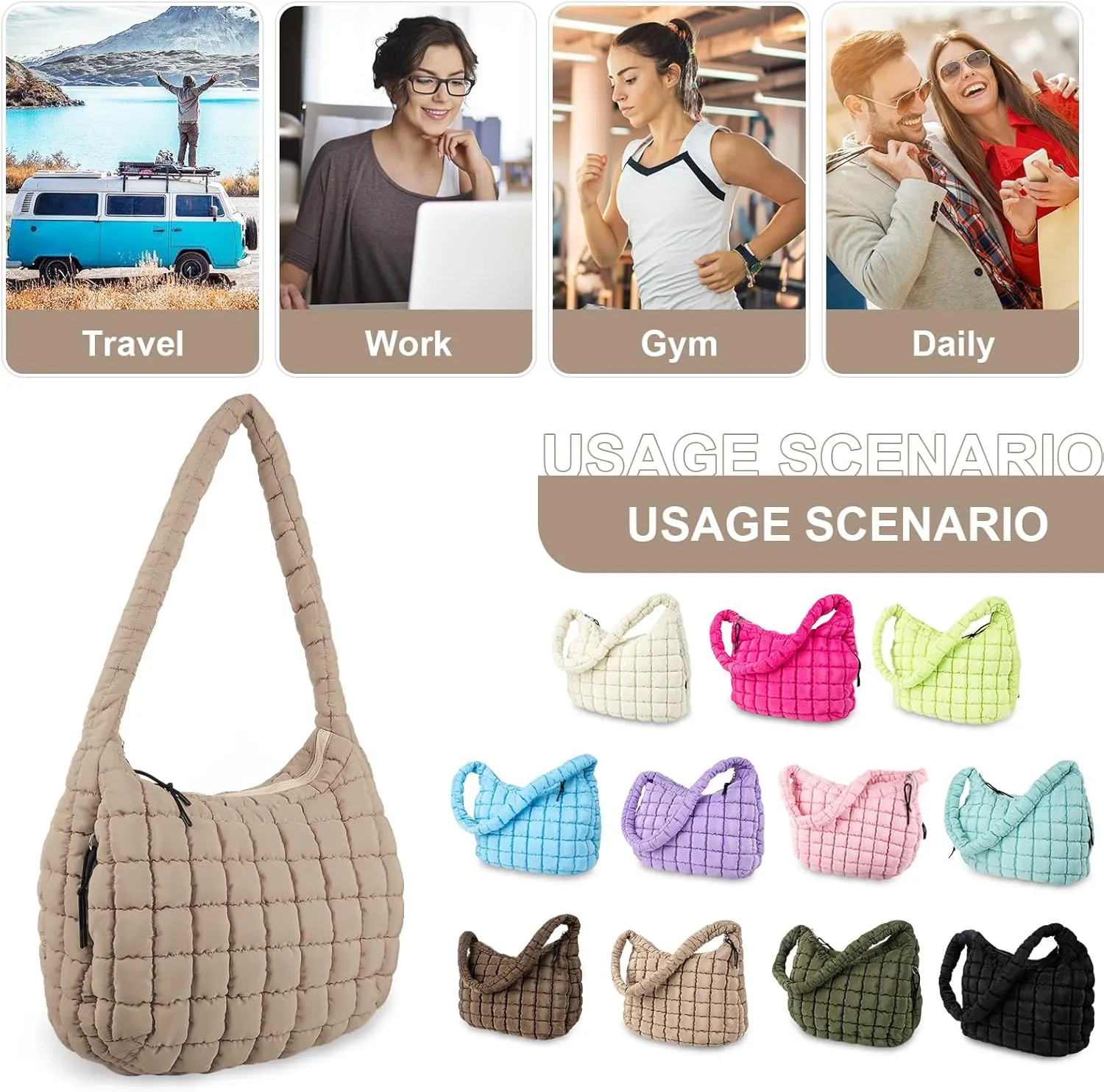 Quilted Puffer Tote Bag Purse Puffy Crossbody Shoulder Bag,Lightweight Nylon Hobo Bag Puffer Carryall Bag for Women Girl