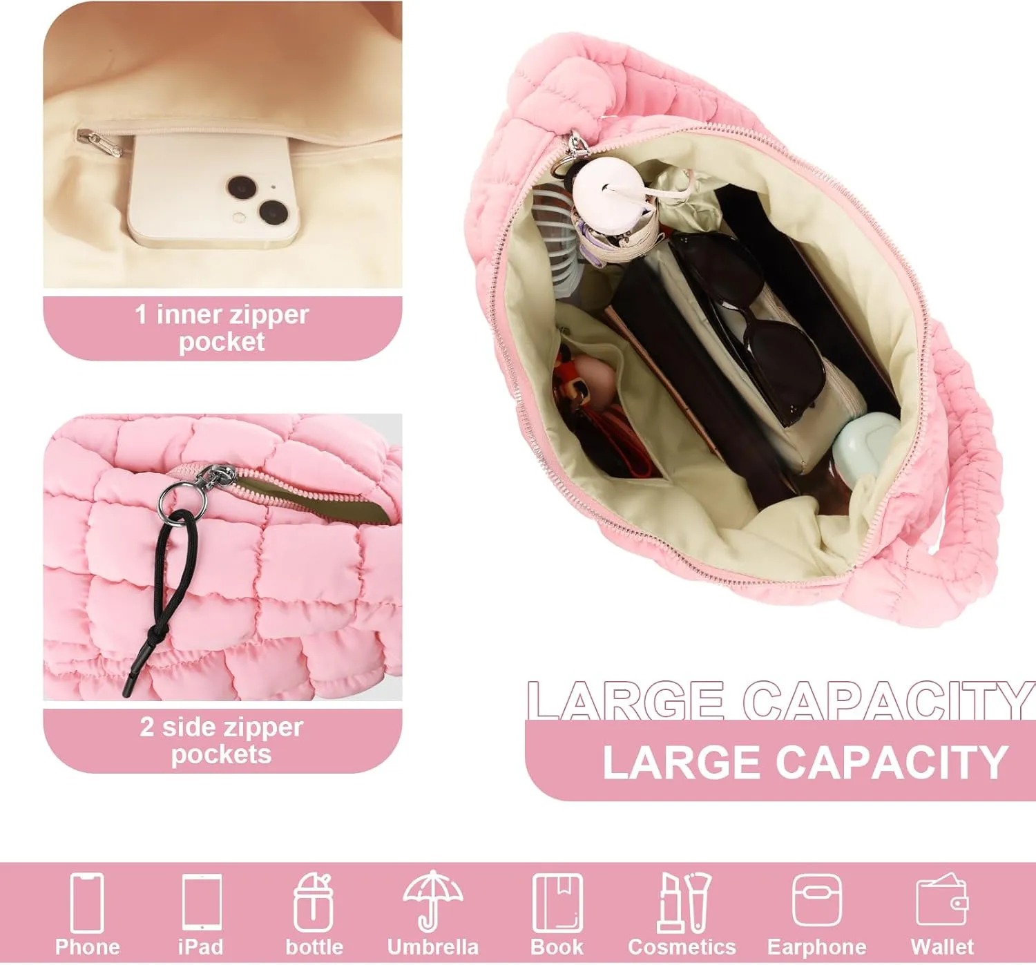 Quilted Puffer Tote Bag Purse Puffy Crossbody Shoulder Bag,Lightweight Nylon Hobo Bag Puffer Carryall Bag for Women Girl