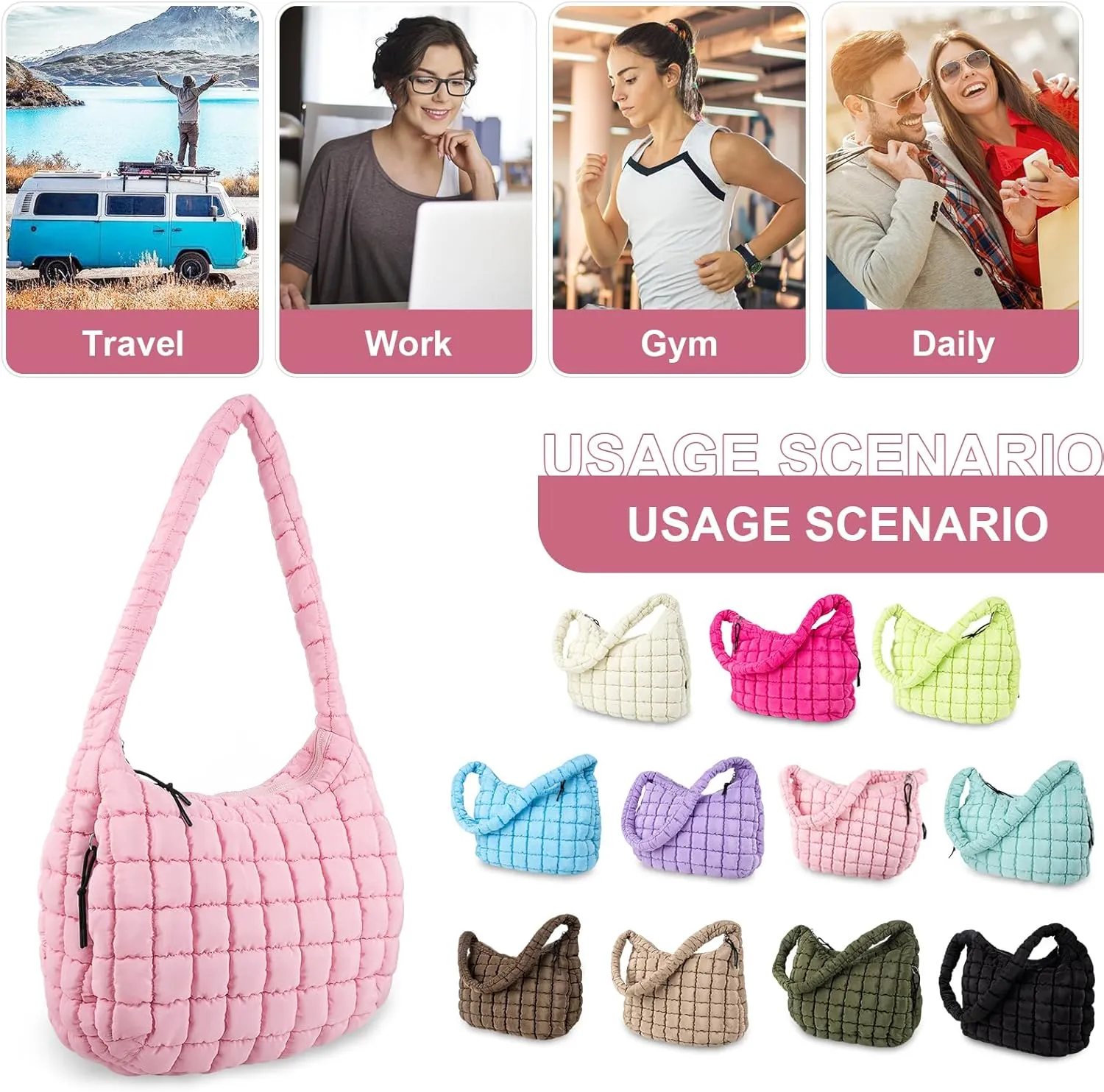 Quilted Puffer Tote Bag Purse Puffy Crossbody Shoulder Bag,Lightweight Nylon Hobo Bag Puffer Carryall Bag for Women Girl
