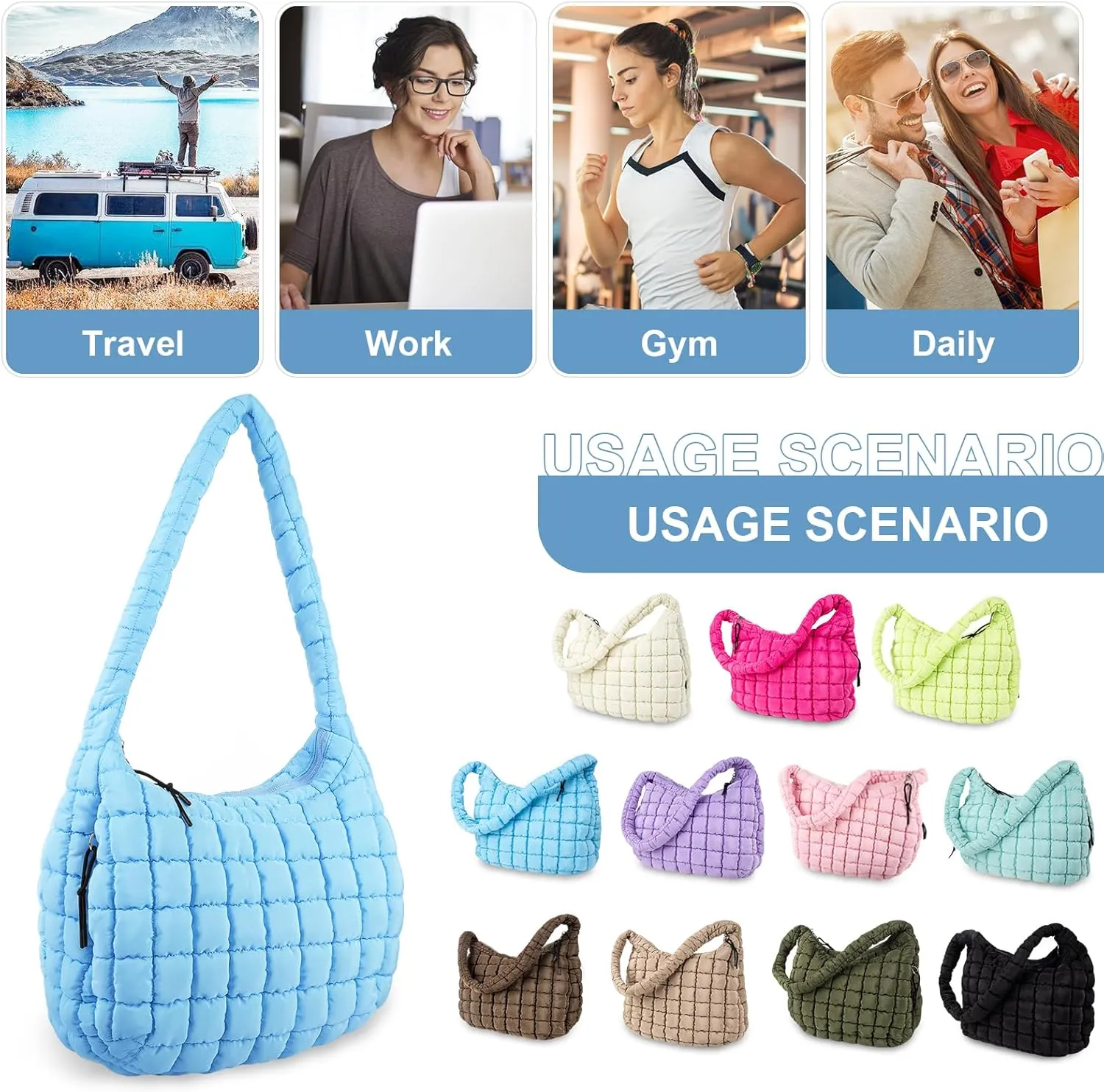 Quilted Puffer Tote Bag Purse Puffy Crossbody Shoulder Bag,Lightweight Nylon Hobo Bag Puffer Carryall Bag for Women Girl