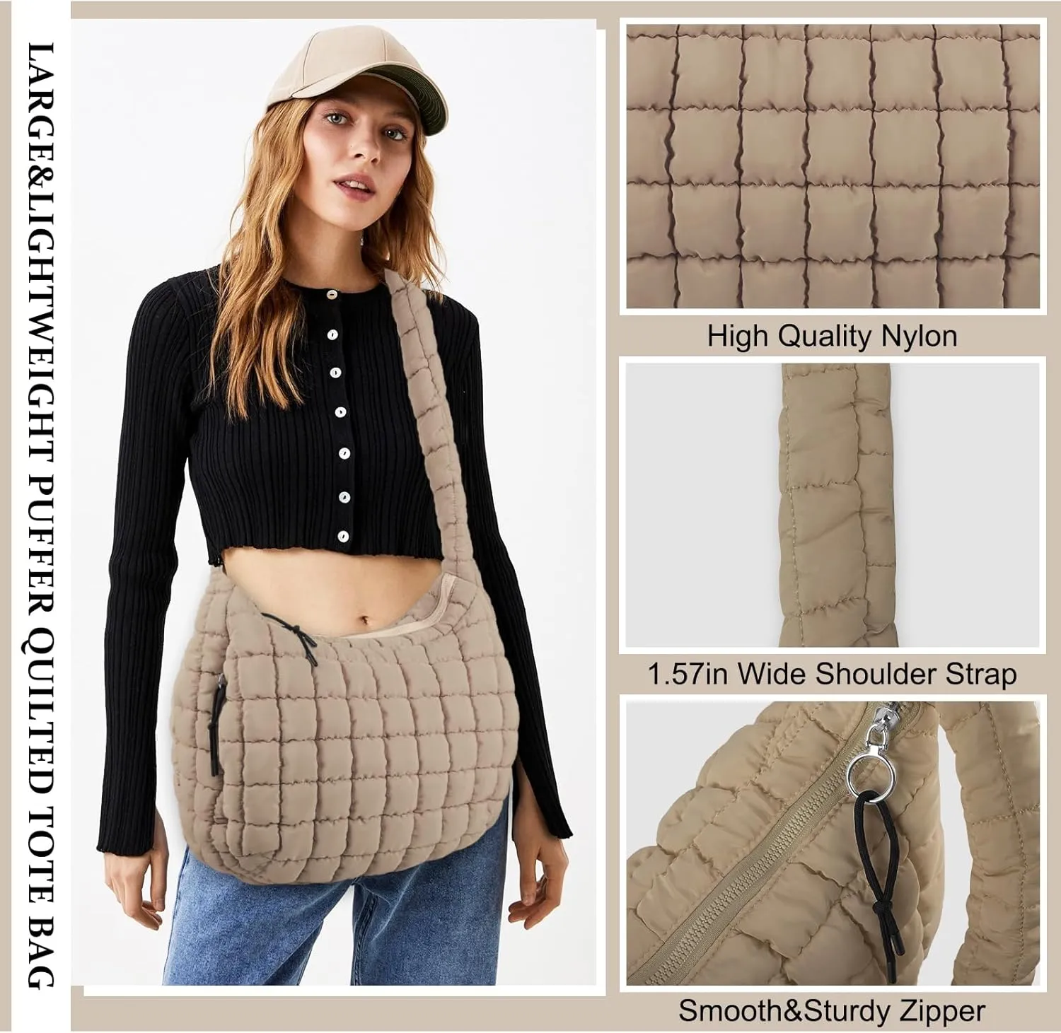Quilted Puffer Tote Bag Purse Puffy Crossbody Shoulder Bag,Lightweight Nylon Hobo Bag Puffer Carryall Bag for Women Girl