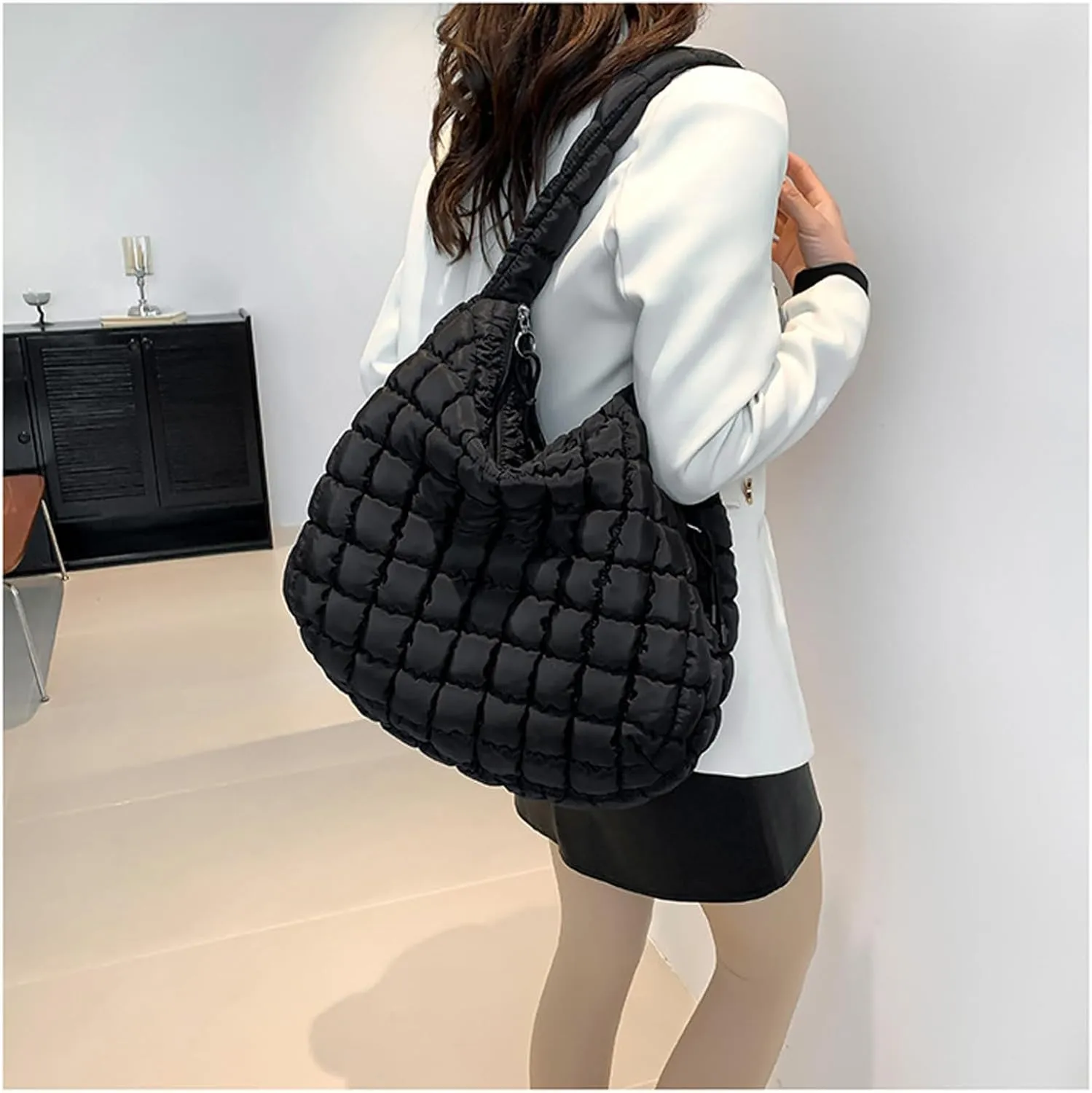 Quilted Puffer Tote Bags for Women Lightweight Quilted Padding Shoulder Bag Satchel Handbag Zip Puffer Bag Green