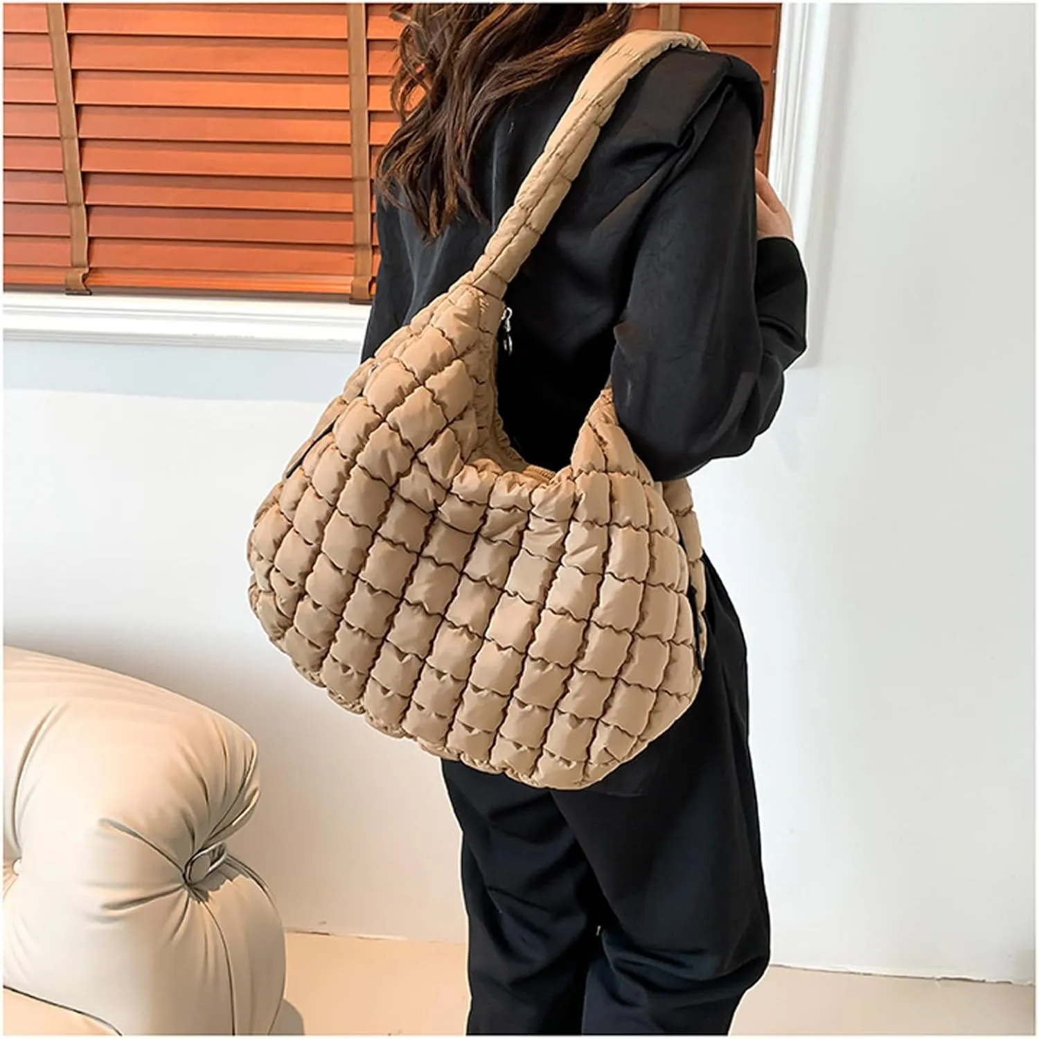Quilted Puffer Tote Bags for Women Lightweight Quilted Padding Shoulder Bag Satchel Handbag Zip Puffer Bag Green