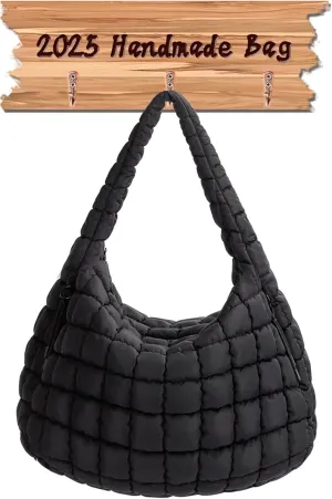 Quilted Puffy Tote Bag for Women – Large-Capacity Nylon Puffer Crossbody Bag with Zipper