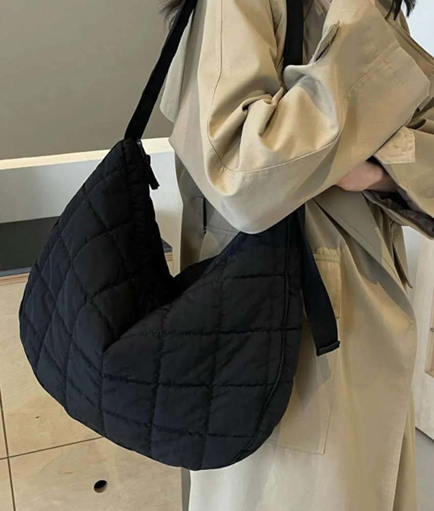 Quilted Shoulder Bags for Women Soft Nylon Tote Crossbody Purse Large Handbag Work Messenger Bag with Zipper