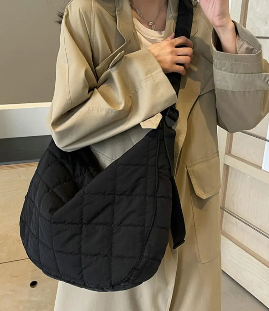 Quilted Shoulder Bags for Women Soft Nylon Tote Crossbody Purse Large Handbag Work Messenger Bag with Zipper
