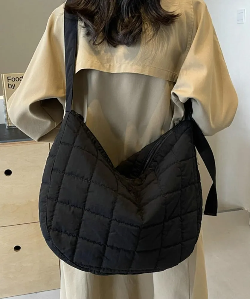 Quilted Shoulder Bags for Women Soft Nylon Tote Crossbody Purse Large Handbag Work Messenger Bag with Zipper