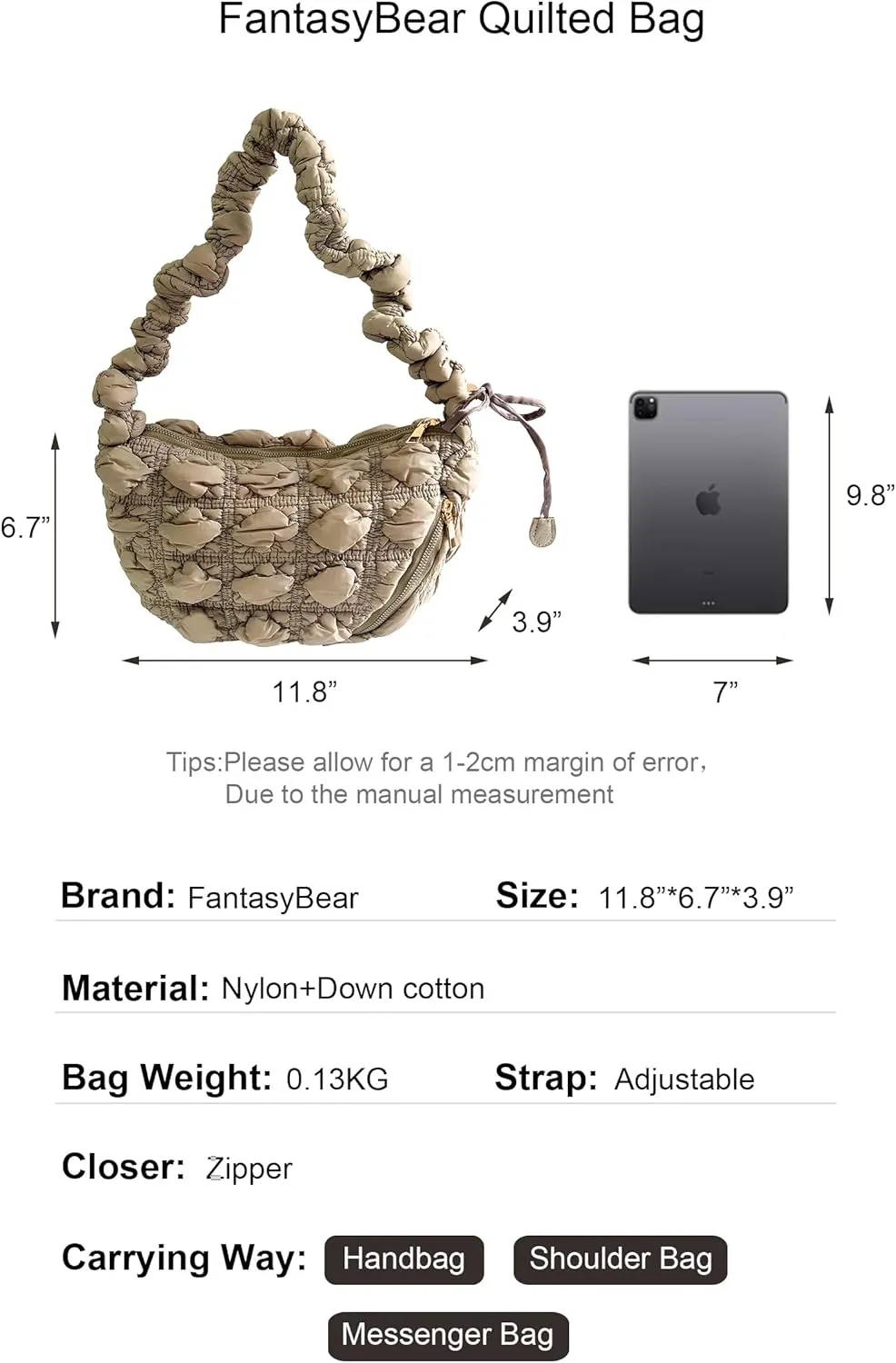 Quilted Small Bag,Adjustable Shoulder Strap Puffer Crescent Crossbody Bags Lightweight Hobo Handbag Puff Purse