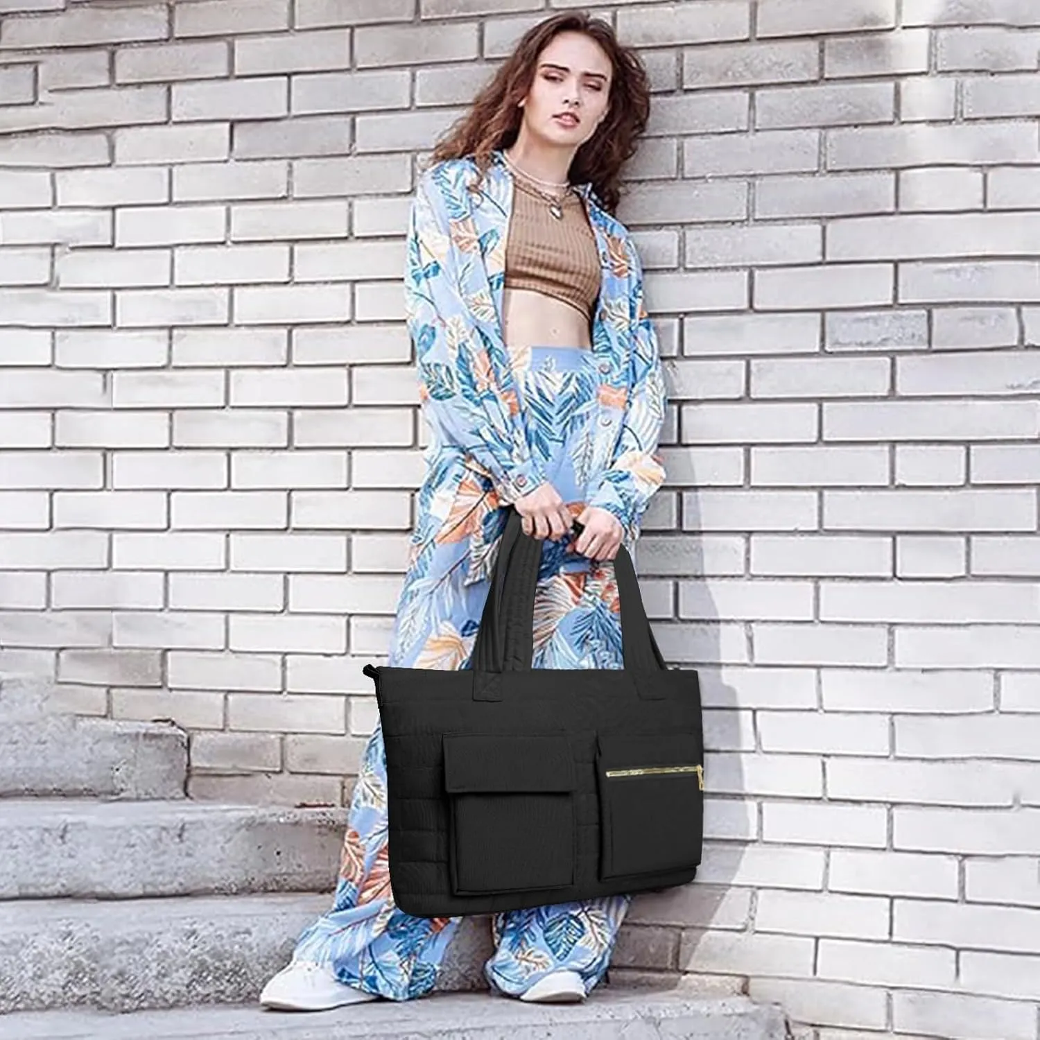 Quilted Tote Bag for Women, puffy Shoulder Bag Handbag for Travel, Large Puffer Tote Bag with Pockets Lightweight Work bags