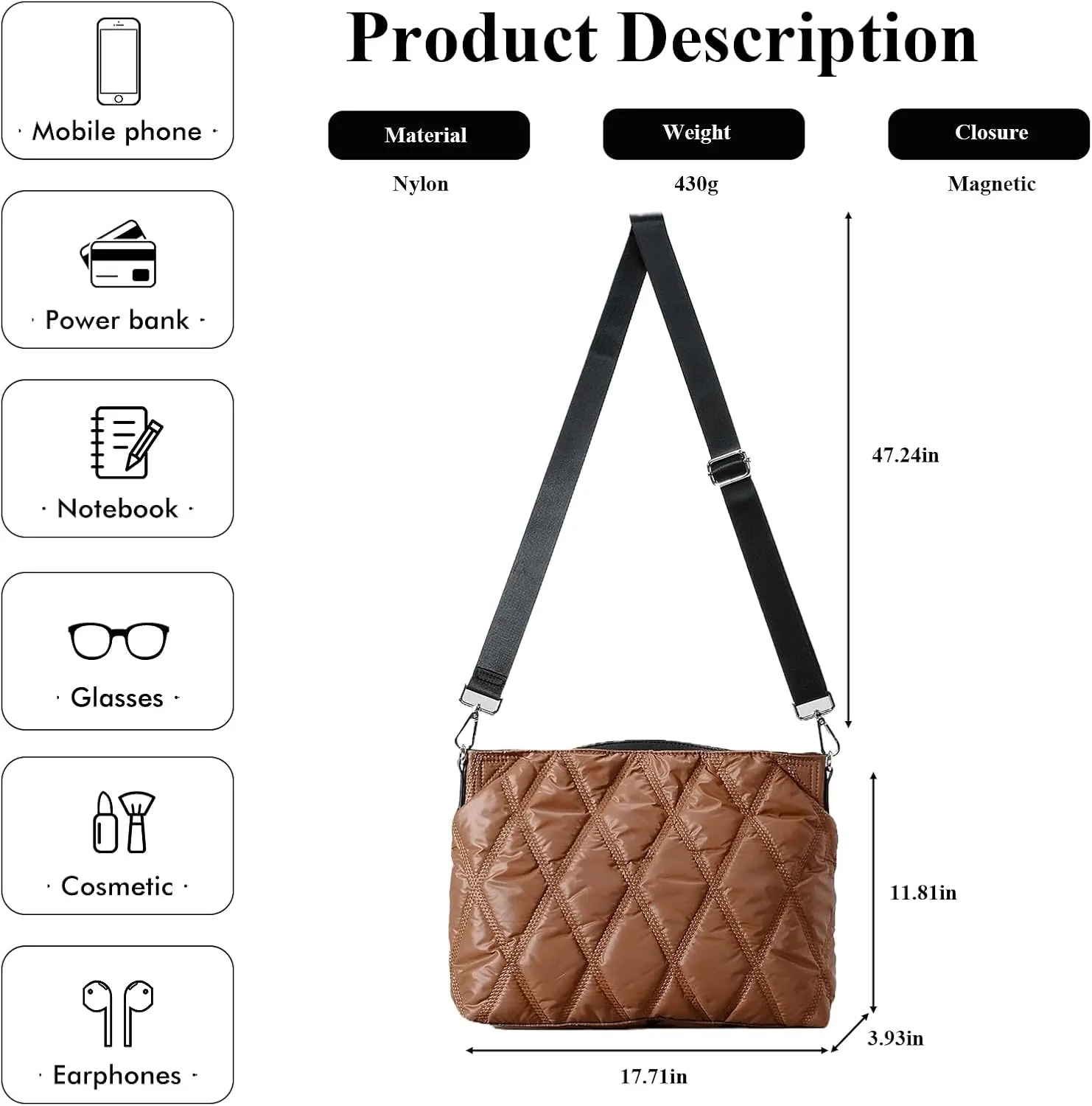 Quilted Tote Bag for Women, Soft Puffer Bag Lightweight Trendy Crossbody Bags Purse with Long Shoulder Strap