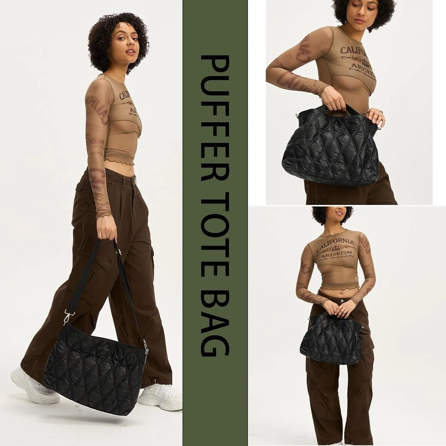 Quilted Tote Bag for Women, Soft Puffer Bag Lightweight Trendy Crossbody Bags Purse with Long Shoulder Strap