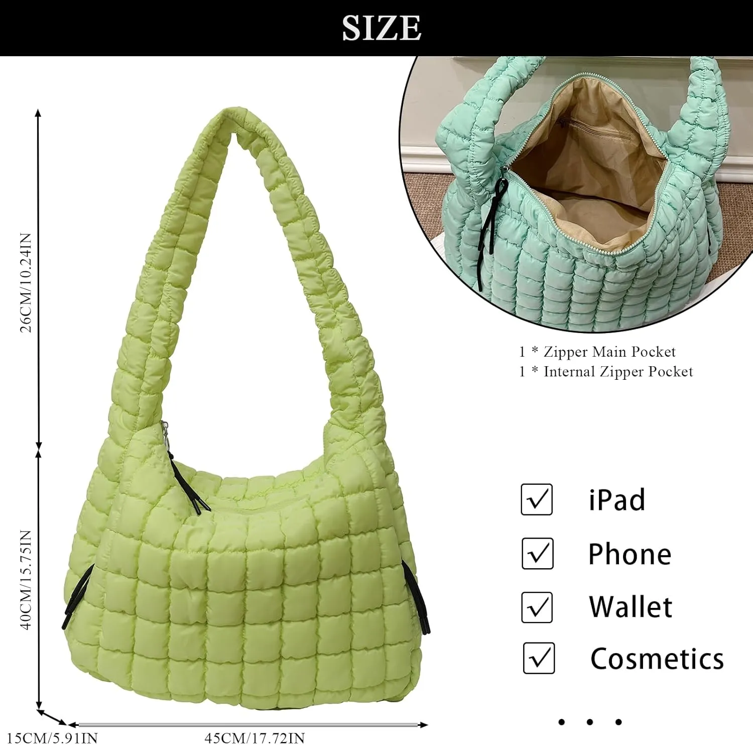 Quilted Tote Bag, Large Lightweight Quilted Bag Puffer Tote Bag Trendy Puffy Purse Hobo Bags for Women