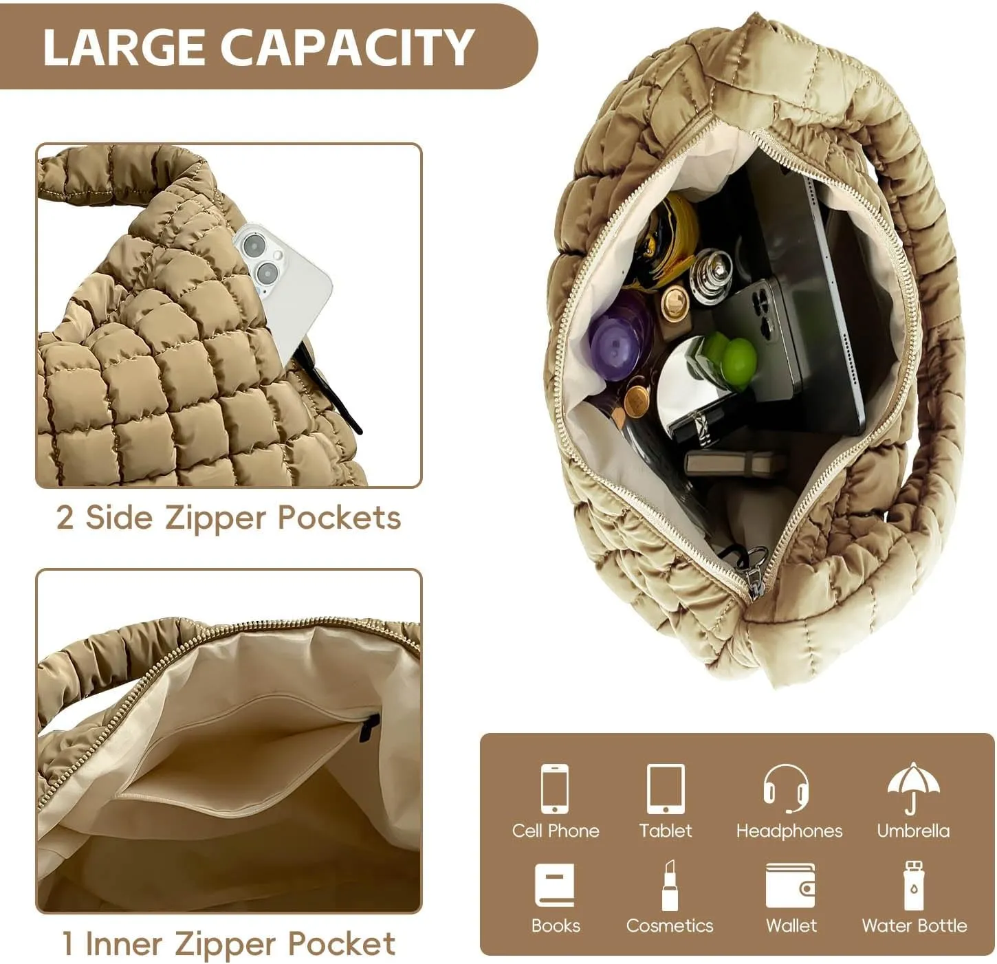 Quilted Tote Bag, Puffer Bag for Women, Large Puffy Shoulder Bag, Lightweight Checkered Purse, Soft Padded Hobo Bag