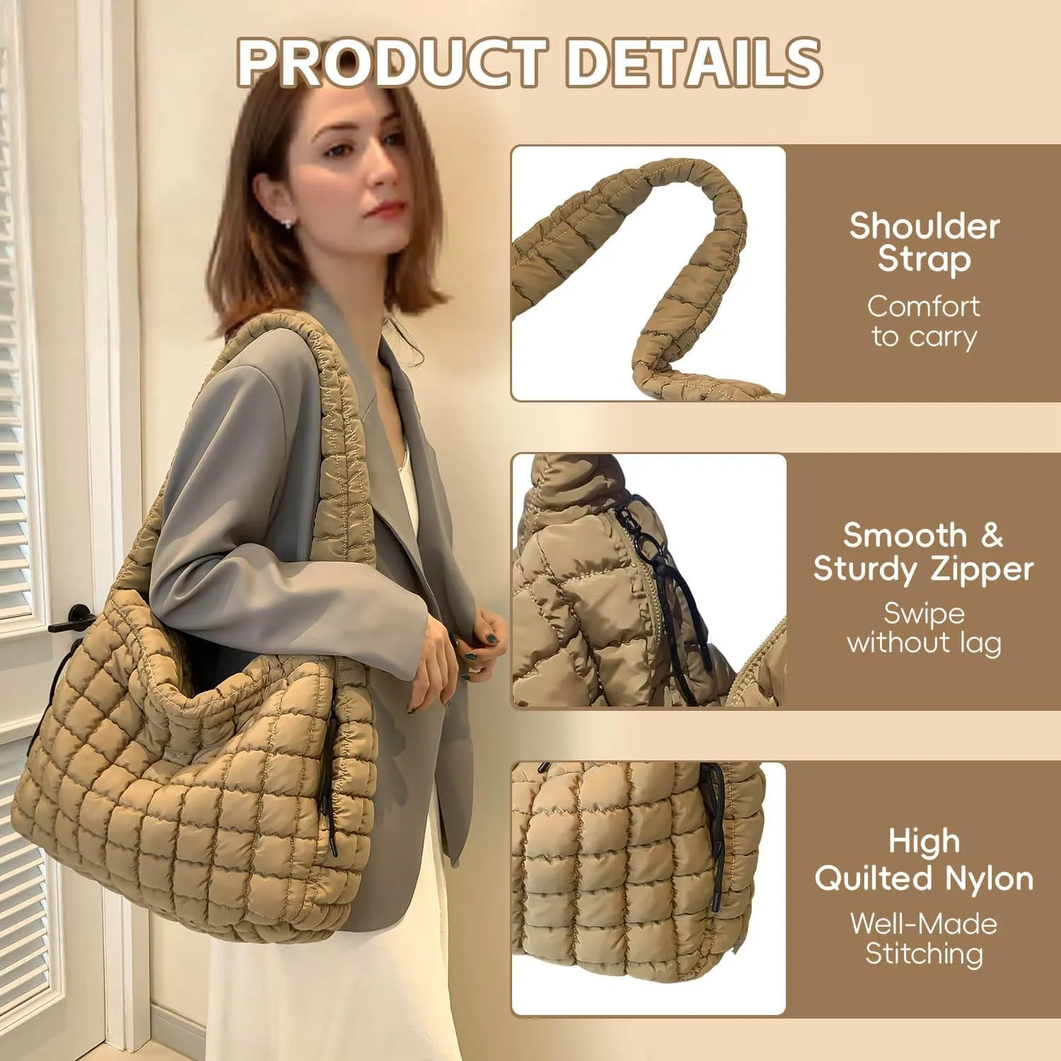 Quilted Tote Bag, Puffer Bag for Women, Large Puffy Shoulder Bag, Lightweight Checkered Purse, Soft Padded Hobo Bag