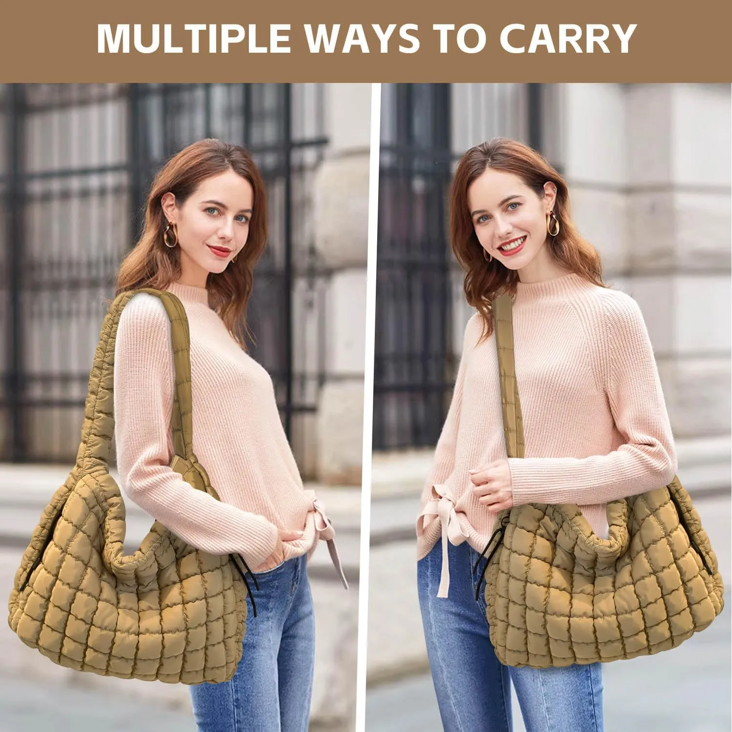Quilted Tote Bag, Puffer Bag for Women, Large Puffy Shoulder Bag, Lightweight Checkered Purse, Soft Padded Hobo Bag