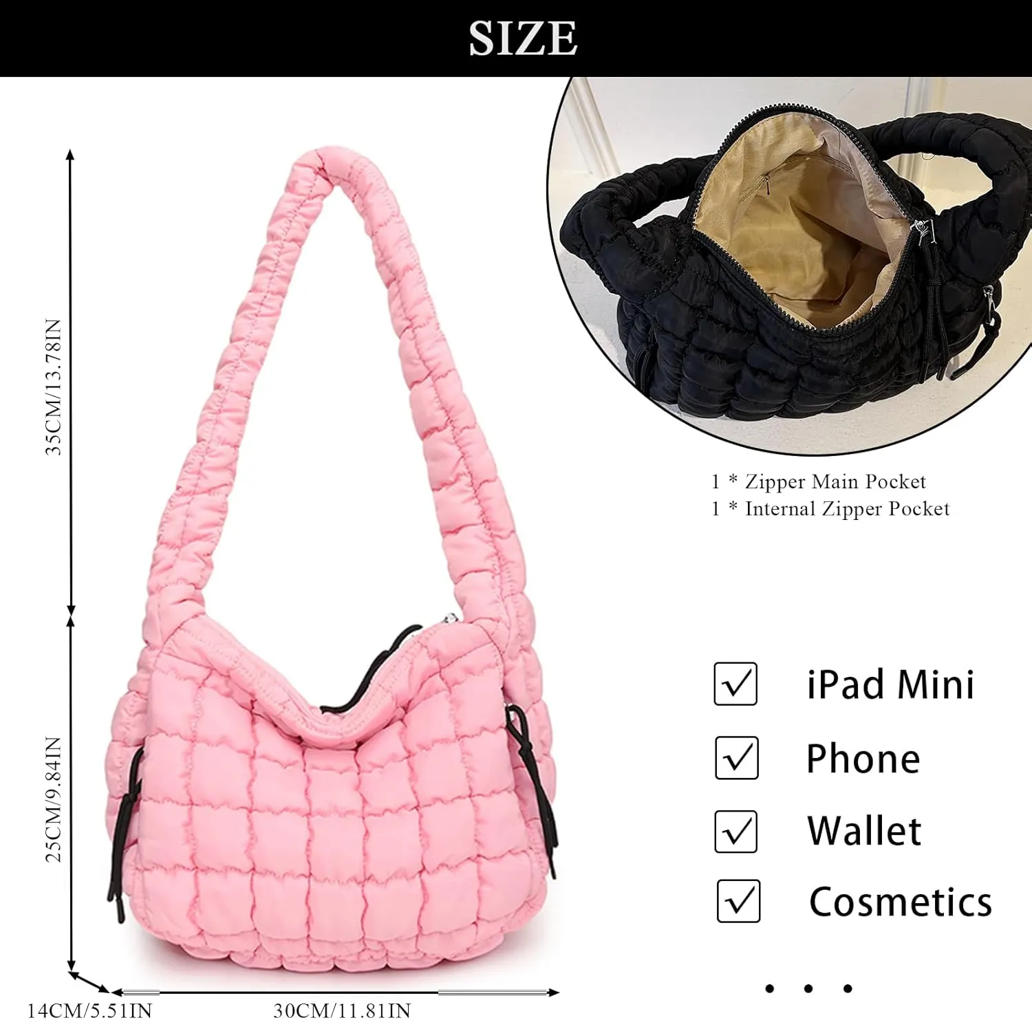 Quilted Tote Bag - Small Lightweight Puffer Hobo Bag for Women