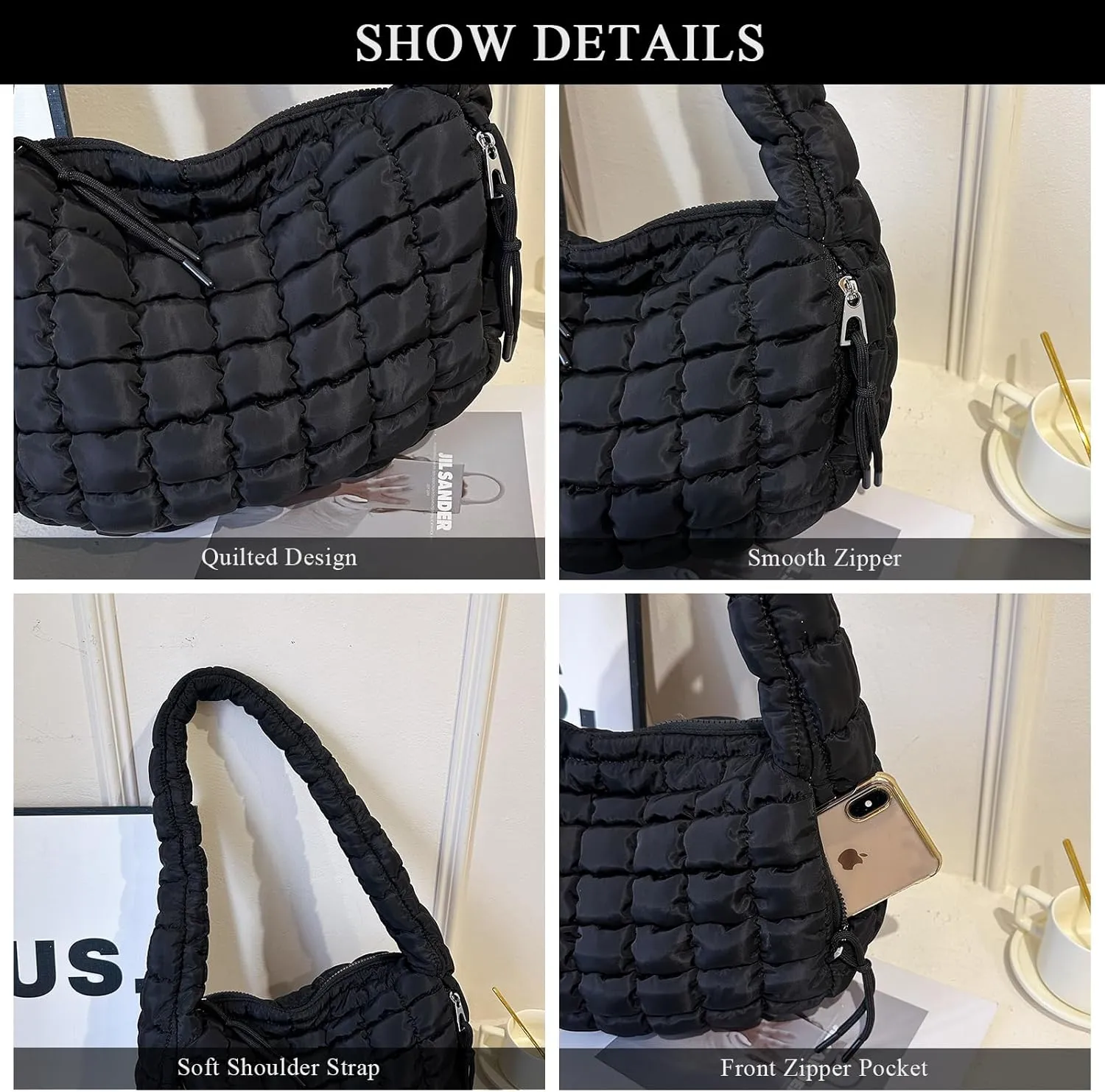 Quilted Tote Bag - Small Lightweight Puffer Hobo Bag for Women