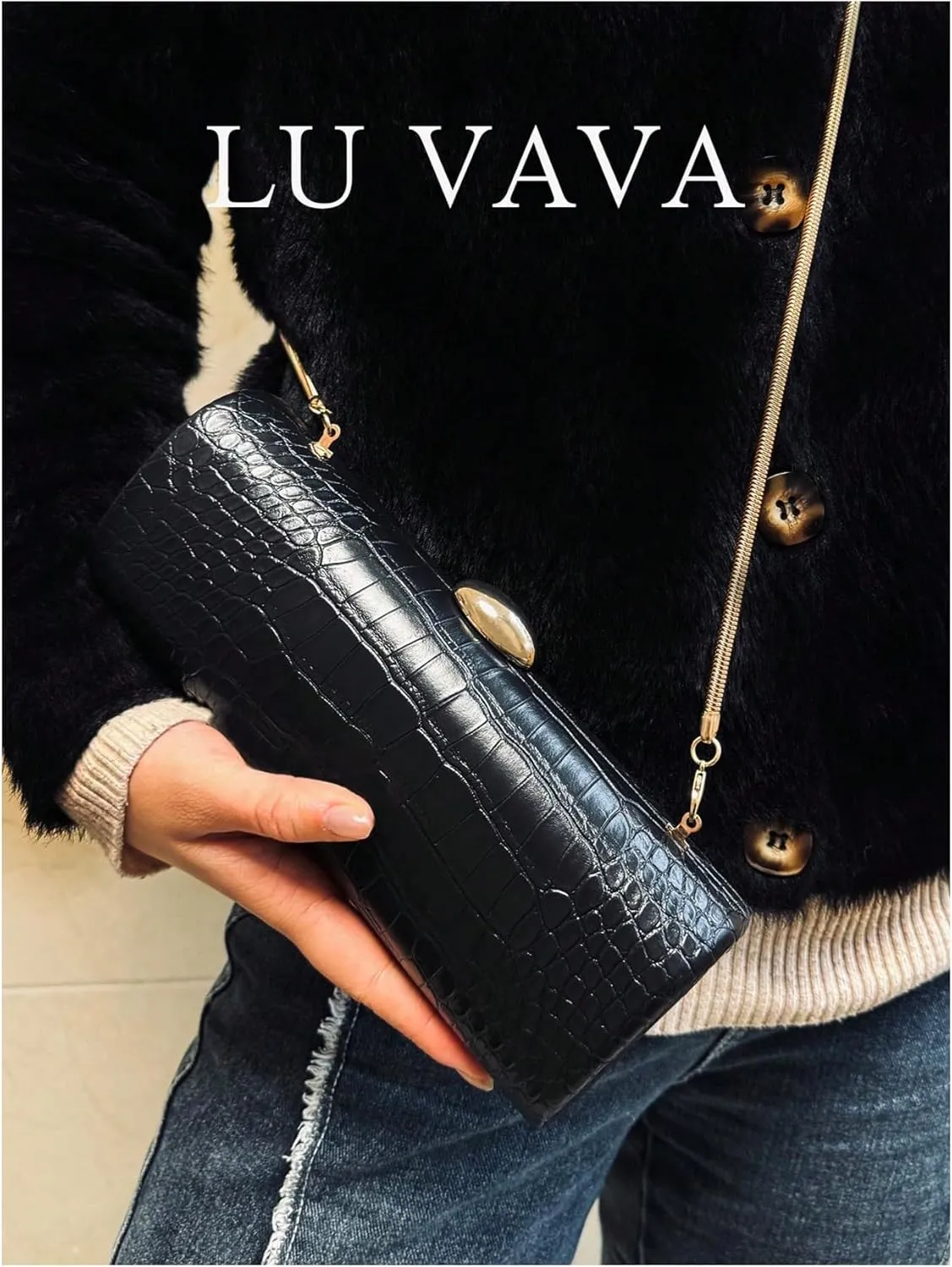 QWINEE Evening Clutch Purses for Women PU Leather Magnet Crocodile Embossed Shoulder Handbag Elegant Crossbody Bag with Chain
