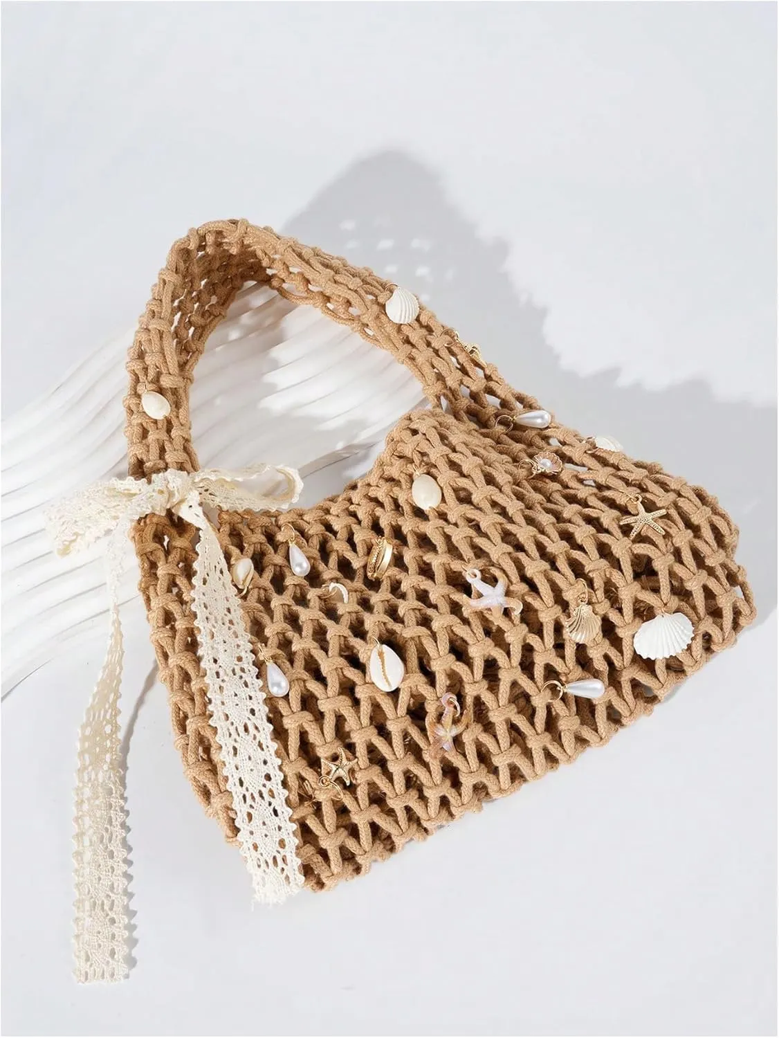 QWINEE Women's Crochet Clutch Purse Hollow Out Handbag Square Causal Beach Vacation Bag