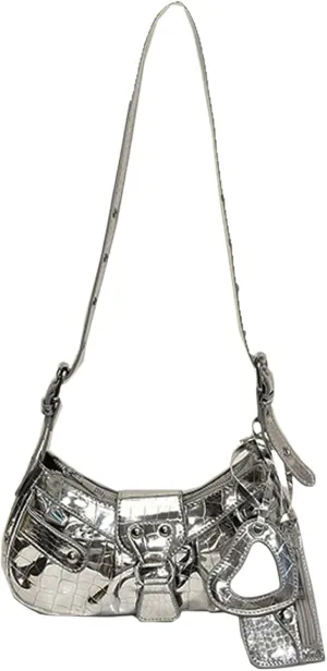 QWINEE Women's Y2K Faux Leather Shoulder Bag Zipper Crocodile Embossed Mini Handbag with Coin Purse Silver One Size