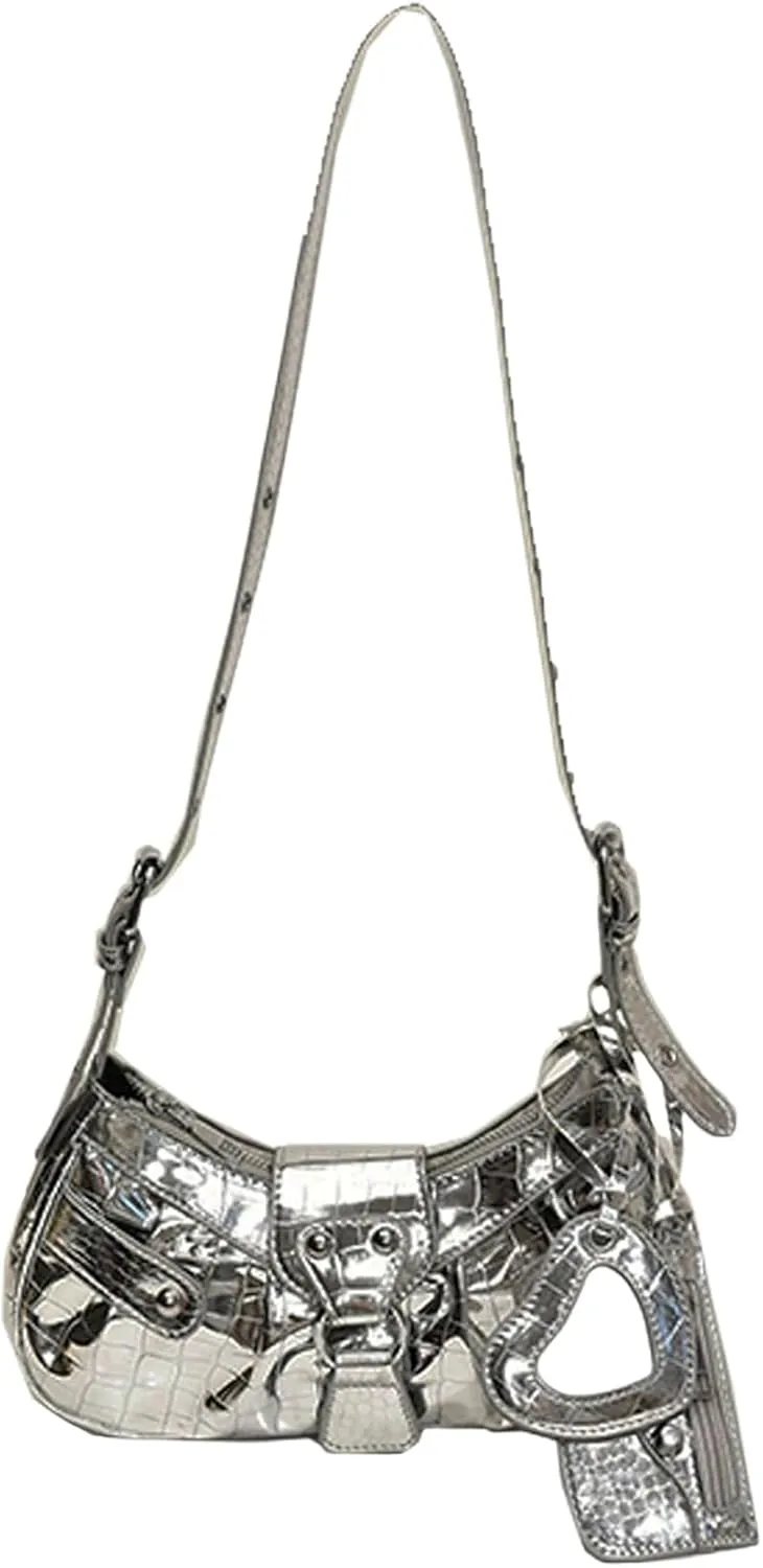 QWINEE Women's Y2K Faux Leather Shoulder Bag Zipper Crocodile Embossed Mini Handbag with Coin Purse Silver One Size