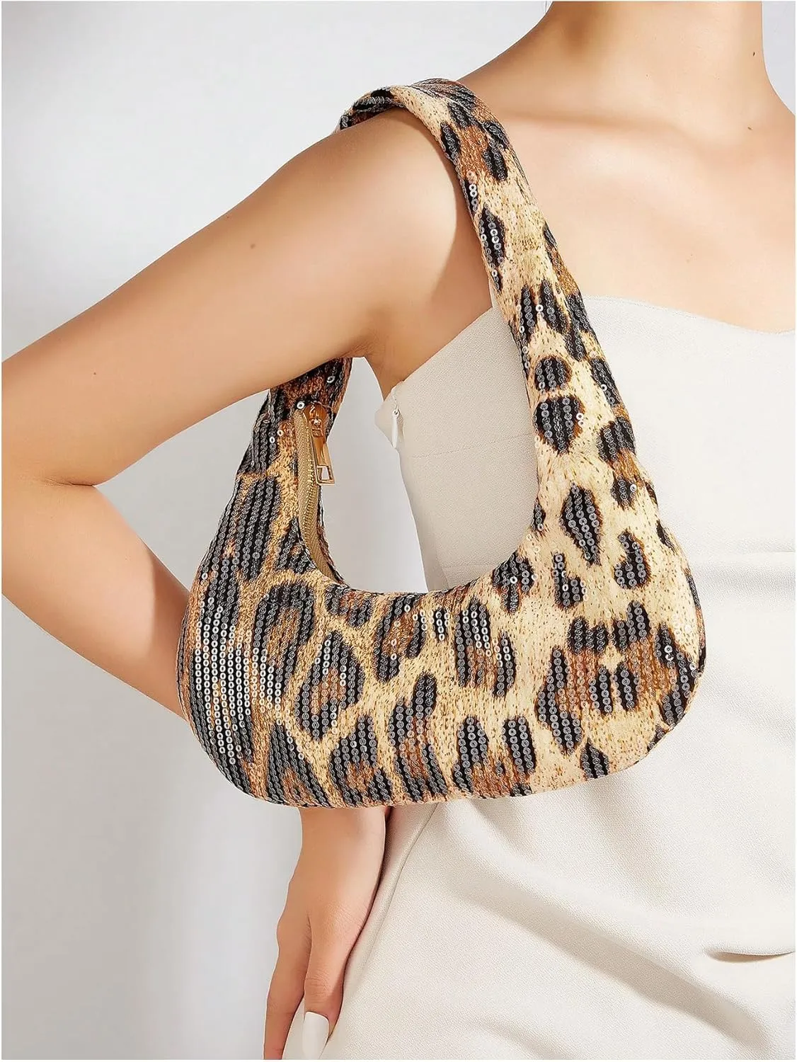 QWINEE Women's Y2K Leopard Print Shoulder Bags Cheetah Print Sequin Purses Underarm Evening Clutch Handbags Purses