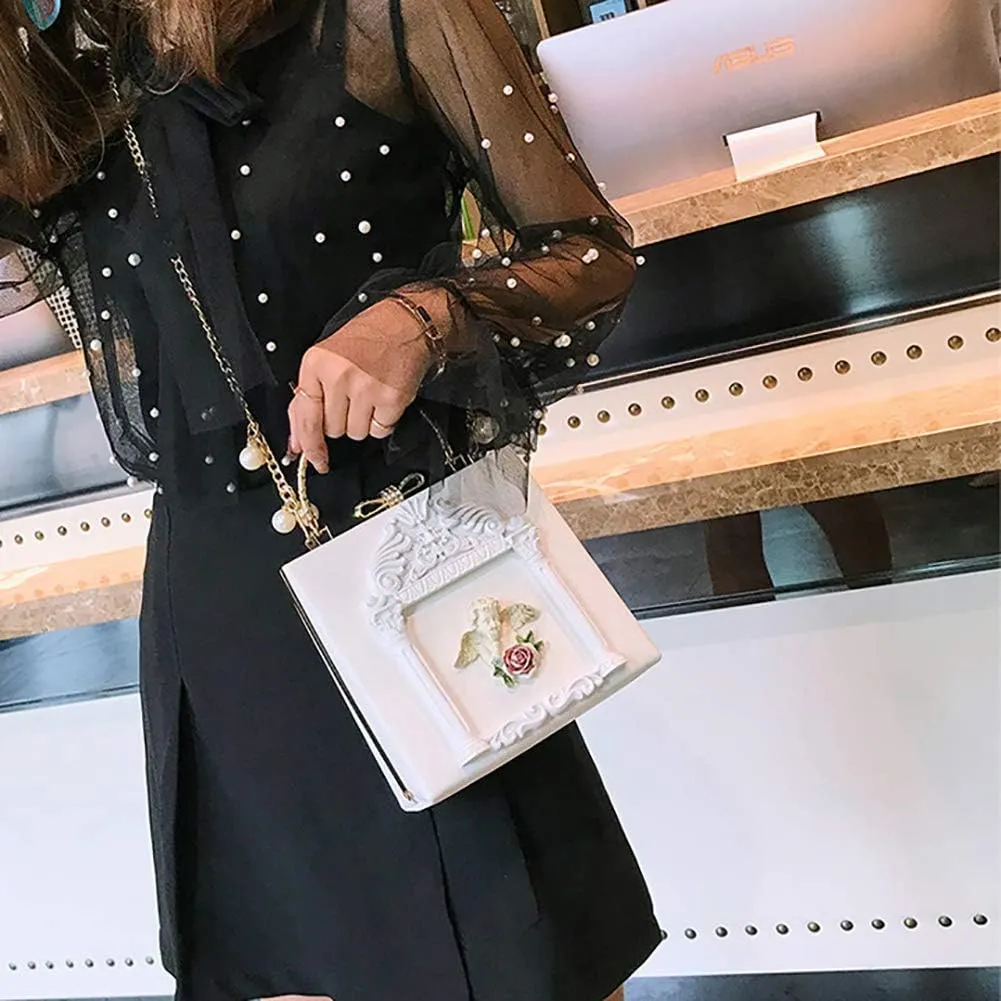 QZUnique Women Love Angel Floral Evening Bag Rose Embossed Formal Purse Clutch Black Gold Crossbody Pearl Chain Shoulder Bag