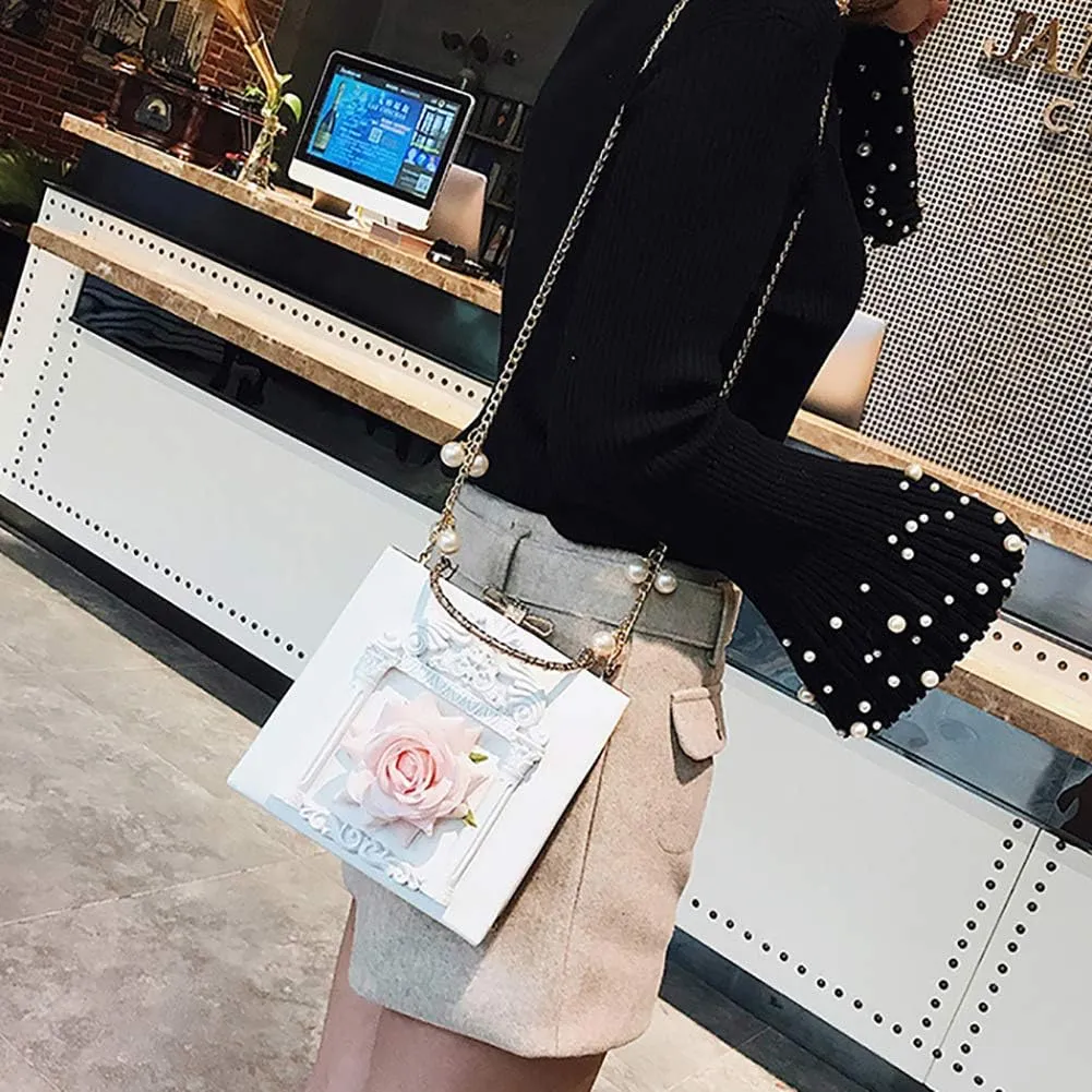 QZUnique Women Love Angel Floral Evening Bag Rose Embossed Formal Purse Clutch Black Gold Crossbody Pearl Chain Shoulder Bag