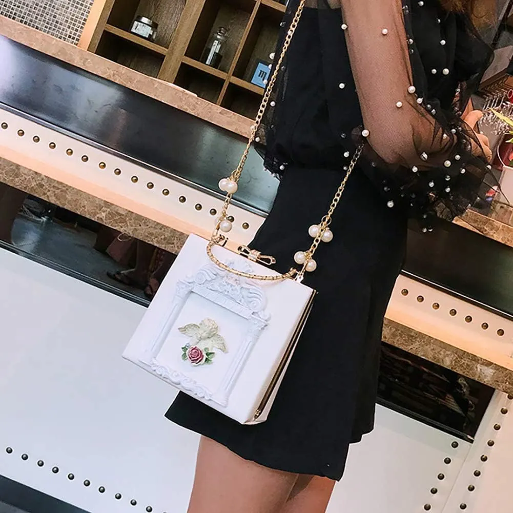 QZUnique Women Love Angel Floral Evening Bag Rose Embossed Formal Purse Clutch Black Gold Crossbody Pearl Chain Shoulder Bag