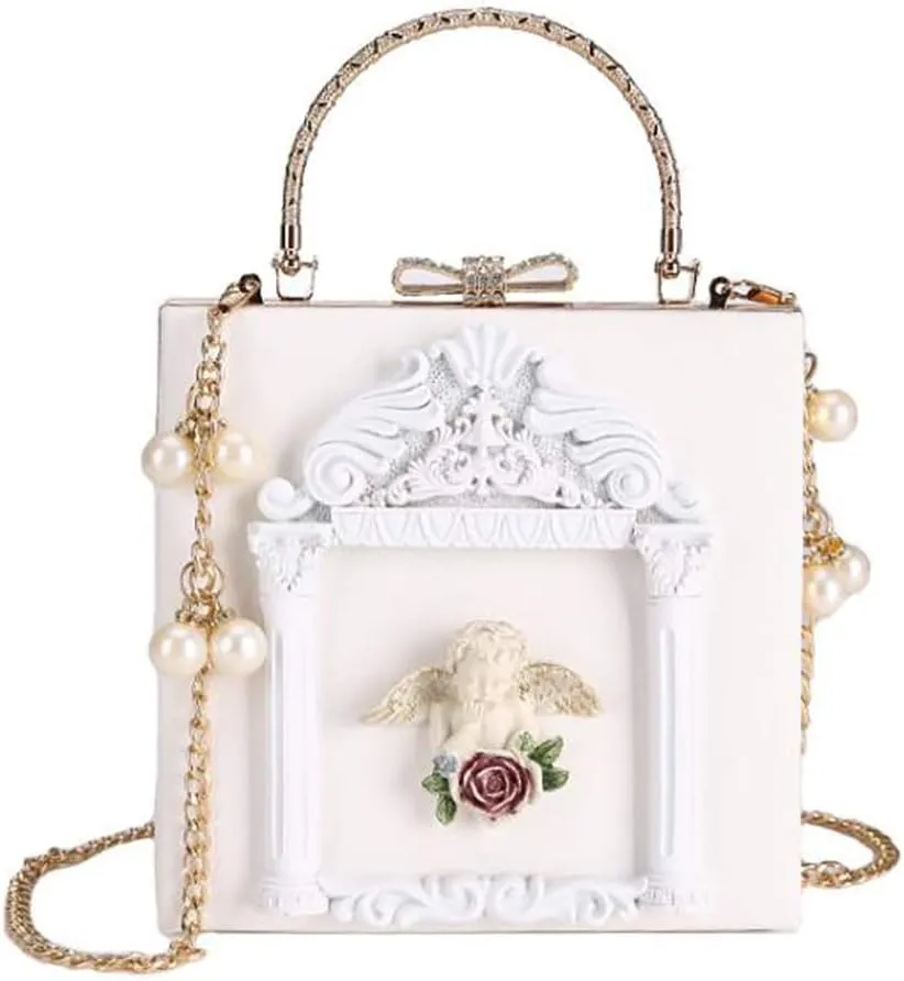 QZUnique Women Love Angel Floral Evening Bag Rose Embossed Formal Purse Clutch Black Gold Crossbody Pearl Chain Shoulder Bag