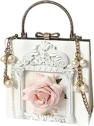 QZUnique Women Love Angel Floral Evening Bag Rose Embossed Formal Purse Clutch Black Gold Crossbody Pearl Chain Shoulder Bag