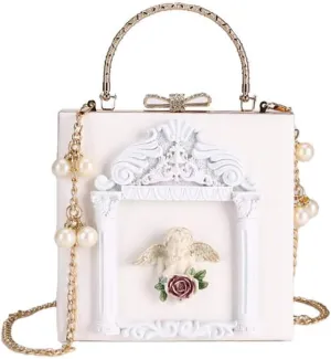 QZUnique Women Love Angel Floral Evening Bag Rose Embossed Formal Purse Clutch Black Gold Crossbody Pearl Chain Shoulder Bag