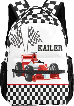 Race Car Checkered Personalized Kids School Backpack Custom for Boys Girls Primary Daypack School Bookbag Travel Bag
