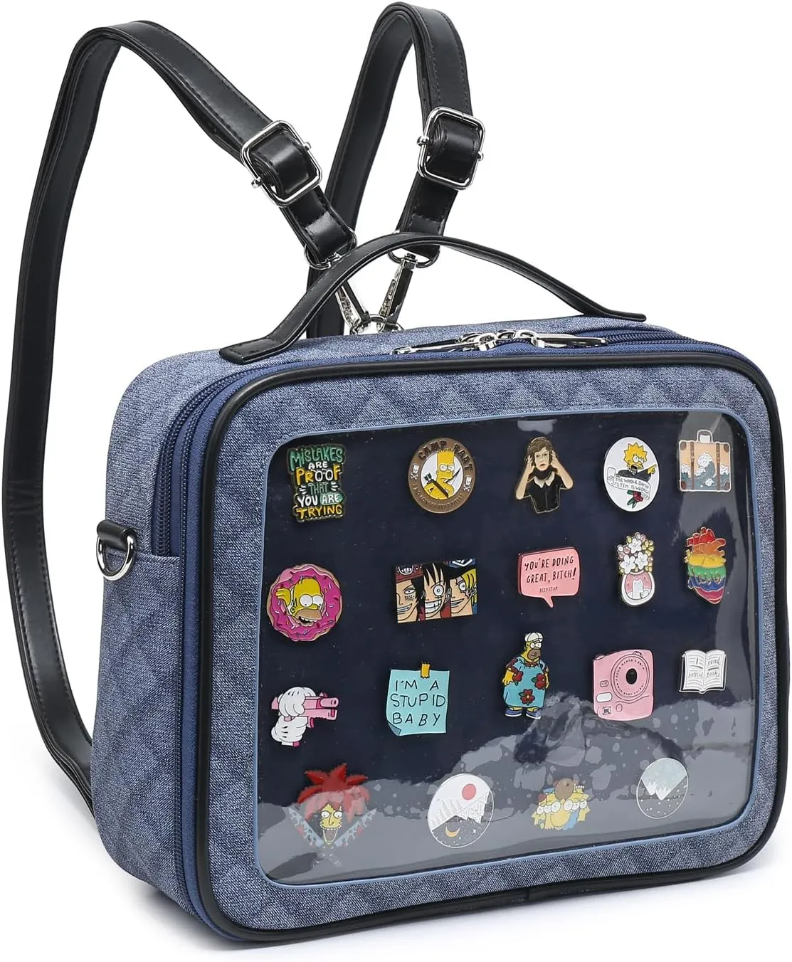 RAINBOW SMILE Ita Backpack Crossbody Bag - Kawaii Pin Display Denim PU Messenger Shoulder Bag