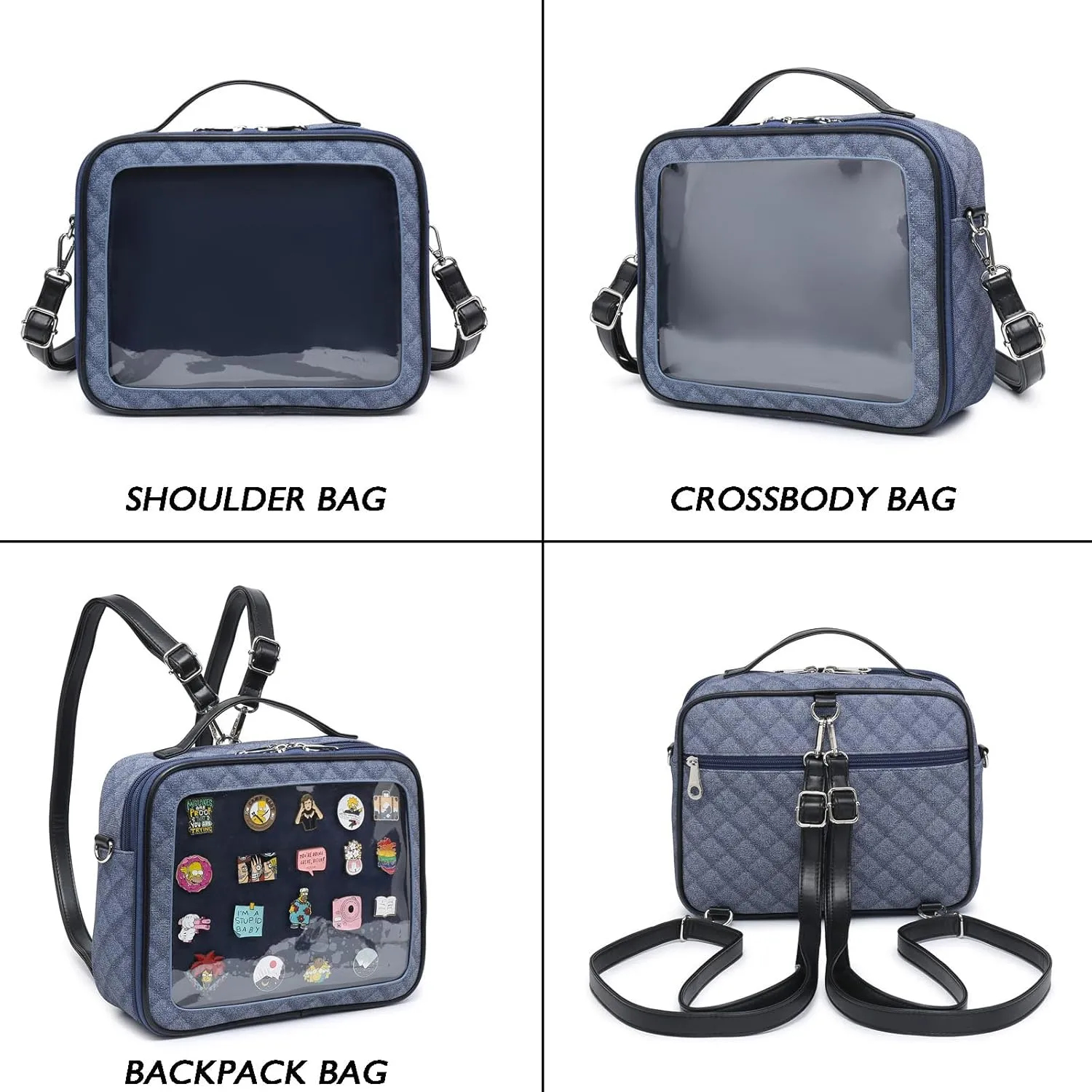 RAINBOW SMILE Ita Backpack Crossbody Bag - Kawaii Pin Display Denim PU Messenger Shoulder Bag